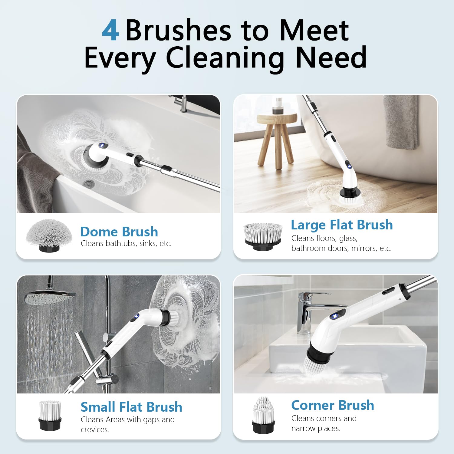 TUYU Electric Spin Scrubber, Full-Body IPX7 Waterproof Bathroom Scrubber with Power LCD Display, Adjustable Extension Handle, Cordless Shower Cleaner Brush for Bathtub Kitchen Wall Cleaning