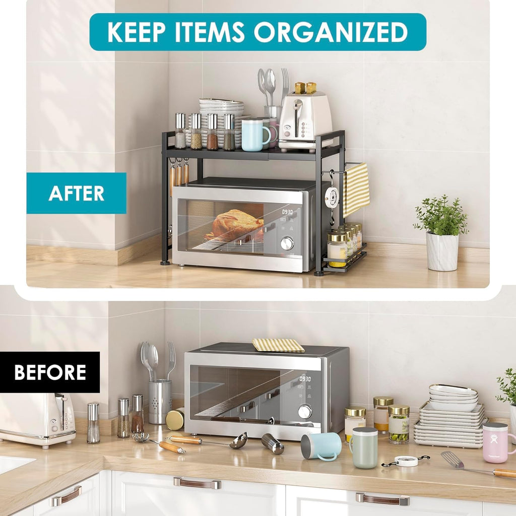 DOLALIKE Microwave Oven Rack, Expandable Microwave Stand Countertop Kitchen Utensils Tableware Storage, Carbon Steel Over Microwave Shelf Countertop with 3 Hooks