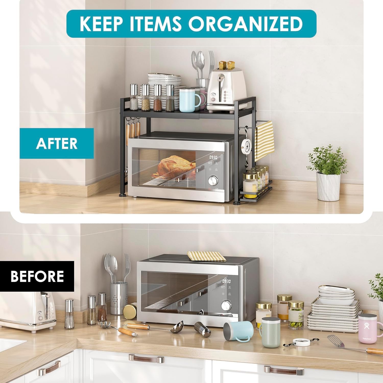 DOLALIKE Microwave Oven Rack, Expandable Microwave Stand Countertop Kitchen Utensils Tableware Storage, Carbon Steel Over Microwave Shelf Countertop with 3 Hooks