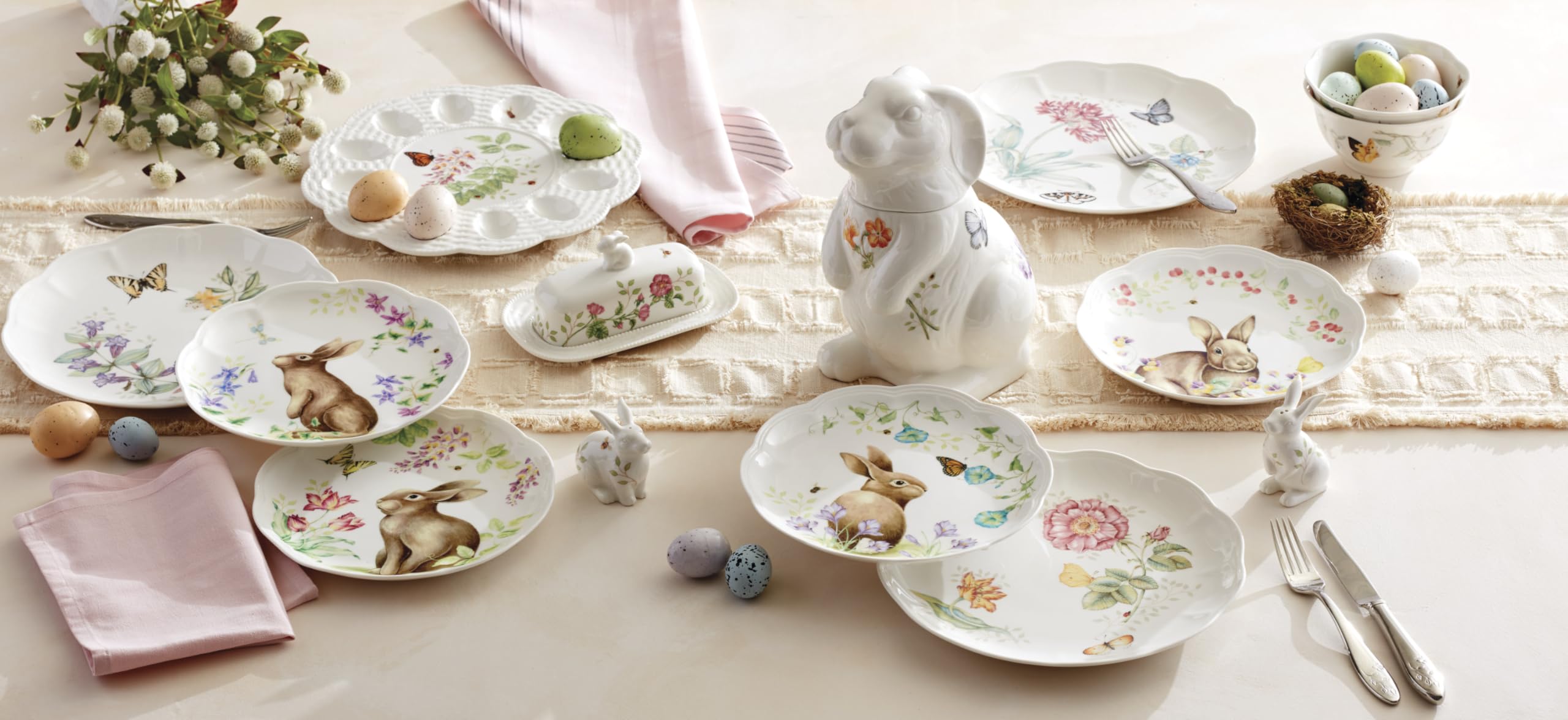Lenox Dinnerware Set, Butterfly Meadow Bunny 16-Piece Set, Service For 4, Dishwasher Safe, Microwave Safe, Made Of Porcelain, Bowls And Mugs, Plates And Bowls, Easter Dish (Assorted, 16 Pieces)