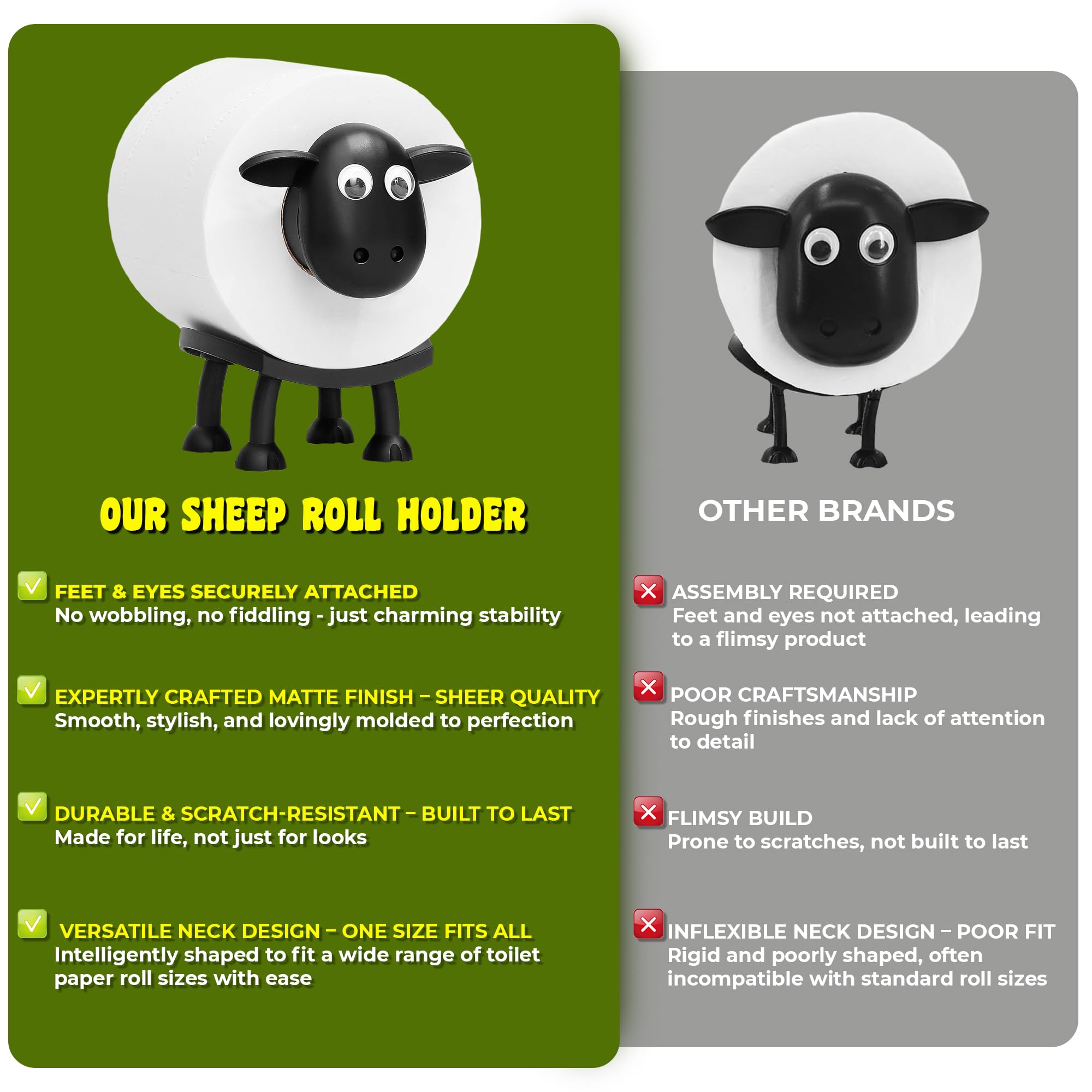 VELENTI Sheep Toilet Roll Holder, Free Standing Bathroom Set, 3D Printed, Funny Hilarious Black Sheep Loo Roll Holder, Tissue Paper Storage, Cute Bathroom Decor, X3, Set of 3