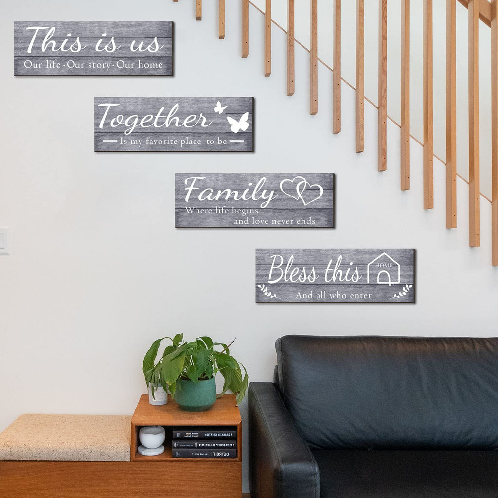 4 Pieces Home Wall Signs, THIS IS US/TOGETHER/BLESS THIS HOME/FAMILY Wall Decor For Living Room Bedroom, Rustic Wooden Farmhouse Wall Art , 4.7 x 13.8 Inch(Brown)
