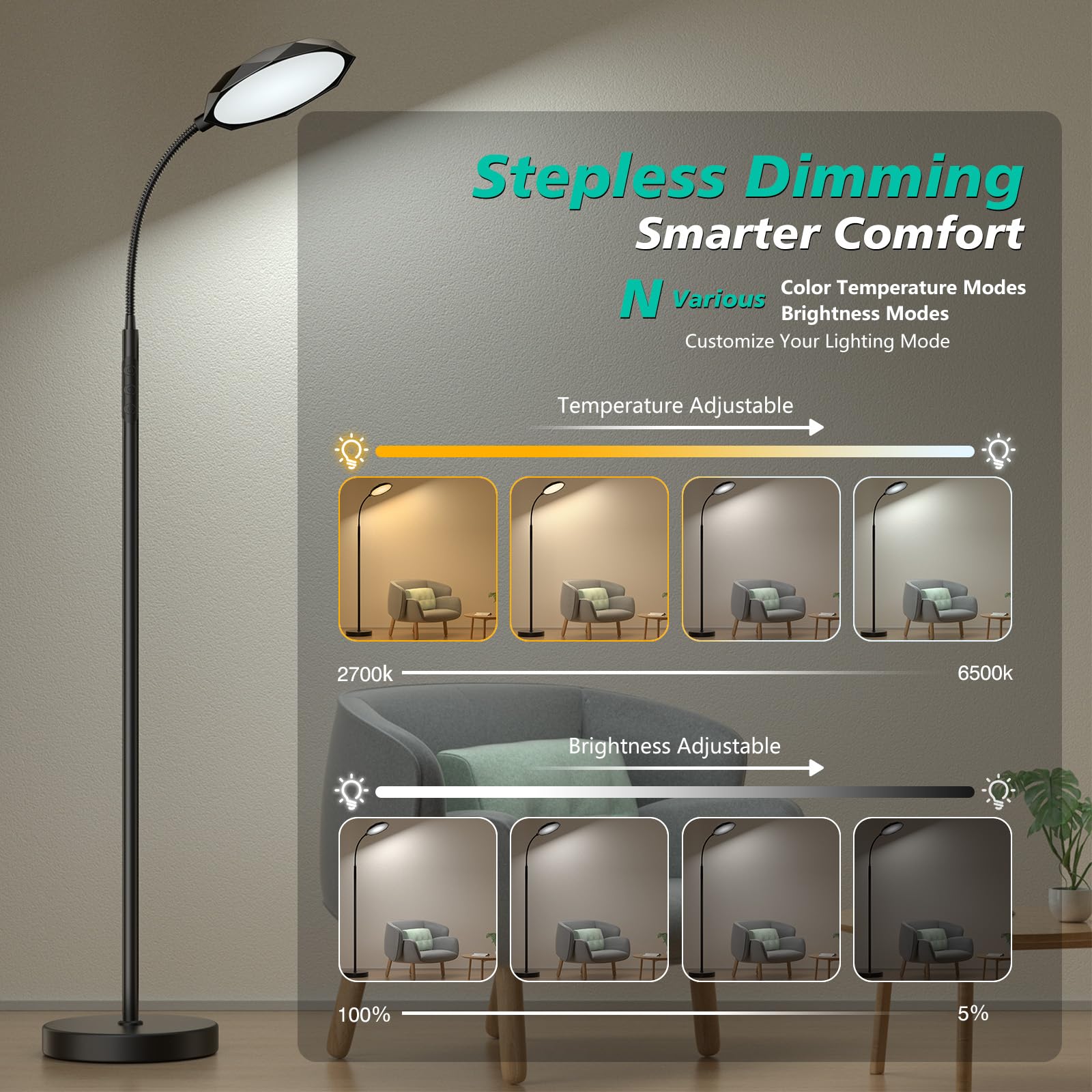 Floor Lamp, Adjustable Height Floor Lamps for Living Room Bedroom, 120 LED Super Bright Standing Lamp Remote & Touch Control Dimmable Gooseneck Tall Stand Reading Lamp for Office Craft, Black
