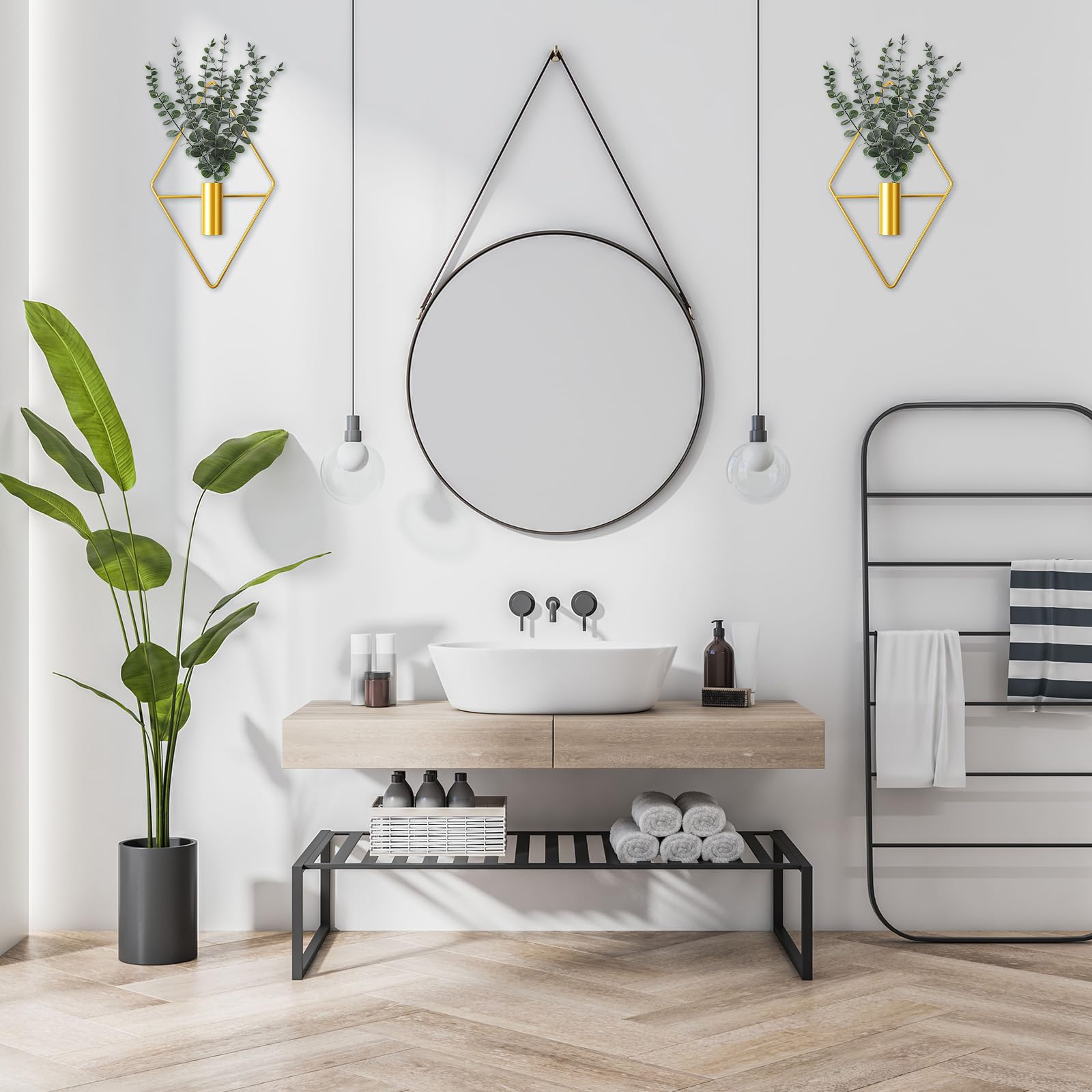 Jexine 4 Pcs Hanging Planters with Artificial Eucalyptus Metal Hanging Vase Indoor Plants Holder Modern Geometric Boho Bathroom Wall Decor for Living Room Home Office(Black)