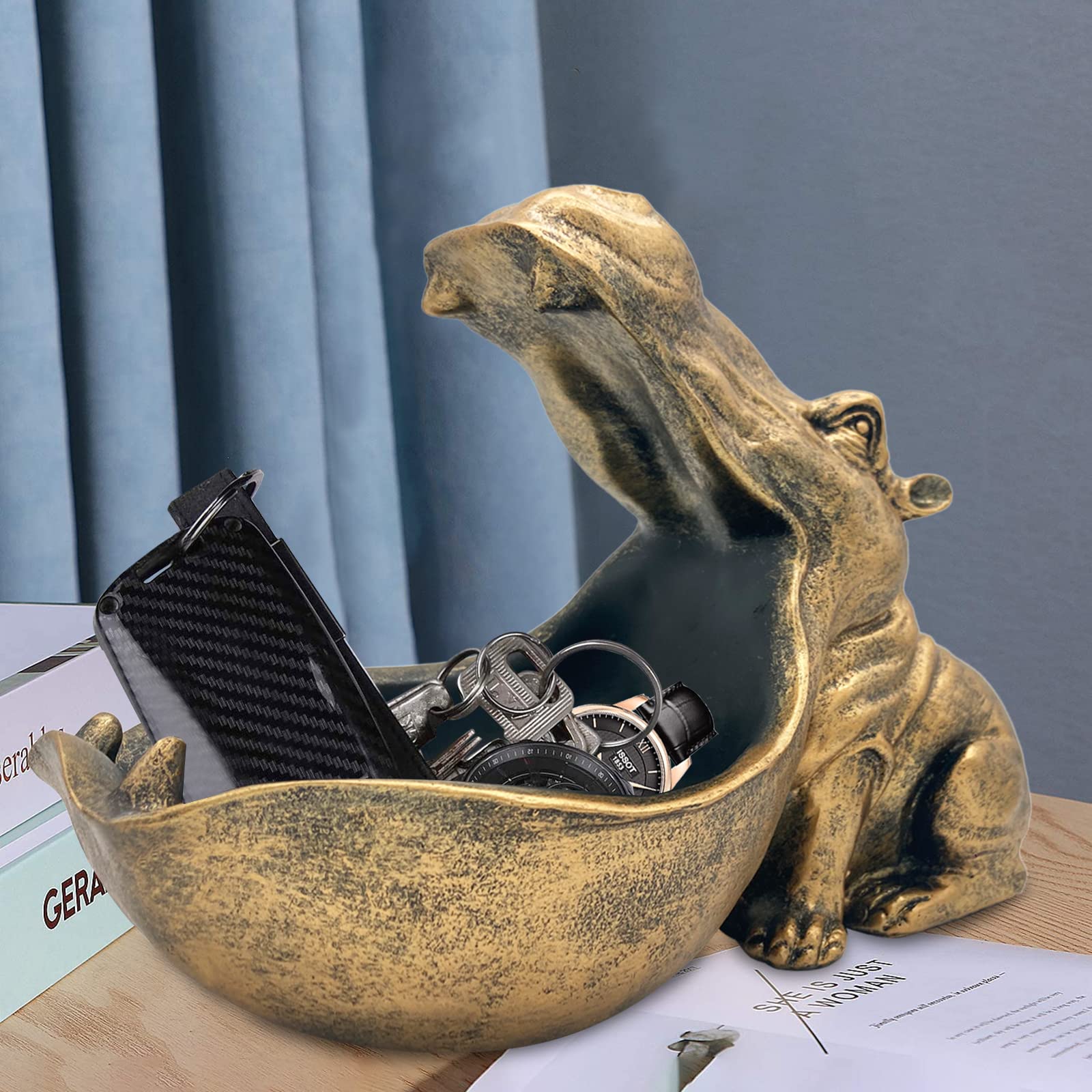 aboxoo Hippo Statue,Large Hippopotamus Figurine Home Sculpture with Resin, Hippo Candy Jar, Candy Dish Bowl for Office Desk, Key Bowl for Entryway Table,Container Storage Art Decor Box(Dark Blue)
