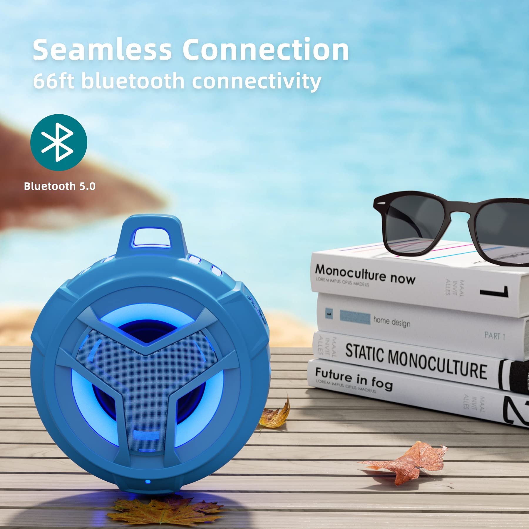 EBODA Bluetooth Shower Speaker, Portable Bluetooth Speakers, IP67 Waterproof Wireless Speaker with LED Light, Floating, 2000mAh, True Wireless Stereo for Kayak, Beach, Gifts for unisex -Black