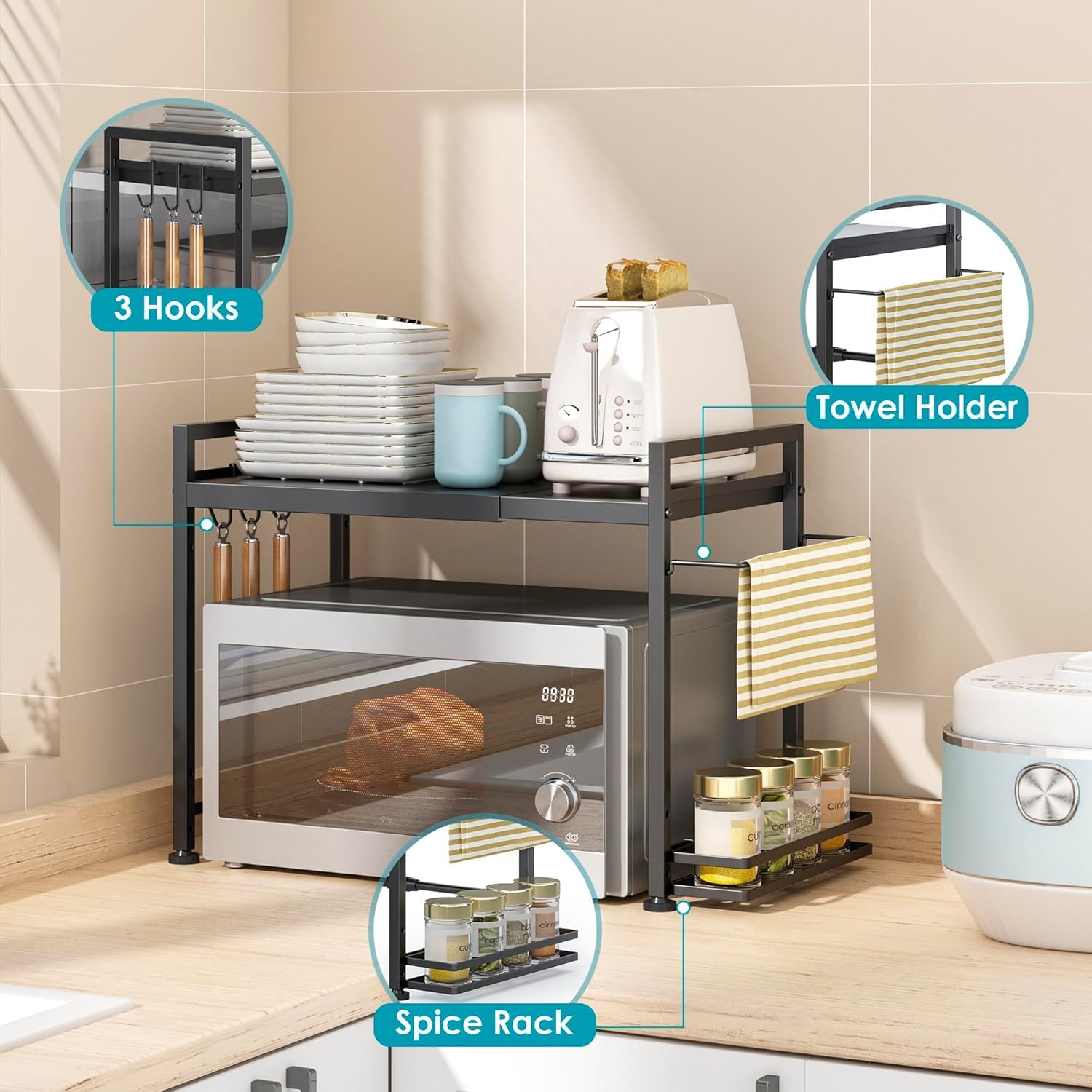 DOLALIKE Microwave Oven Rack, Expandable Microwave Stand Countertop Kitchen Utensils Tableware Storage, Carbon Steel Over Microwave Shelf Countertop with 3 Hooks