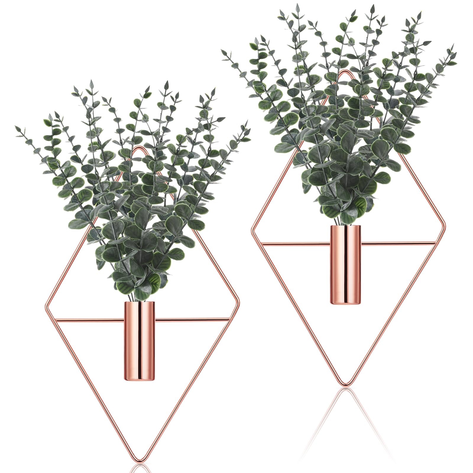 Jexine 4 Pcs Hanging Planters with Artificial Eucalyptus Metal Hanging Vase Indoor Plants Holder Modern Geometric Boho Bathroom Wall Decor for Living Room Home Office(Black)
