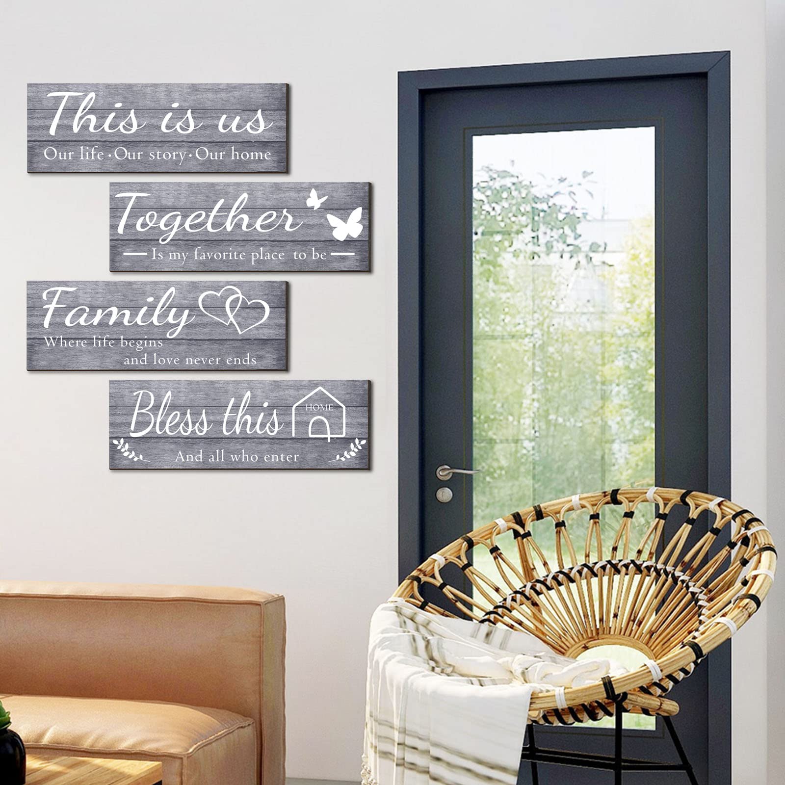 4 Pieces Home Wall Signs, THIS IS US/TOGETHER/BLESS THIS HOME/FAMILY Wall Decor For Living Room Bedroom, Rustic Wooden Farmhouse Wall Art , 4.7 x 13.8 Inch(Brown)