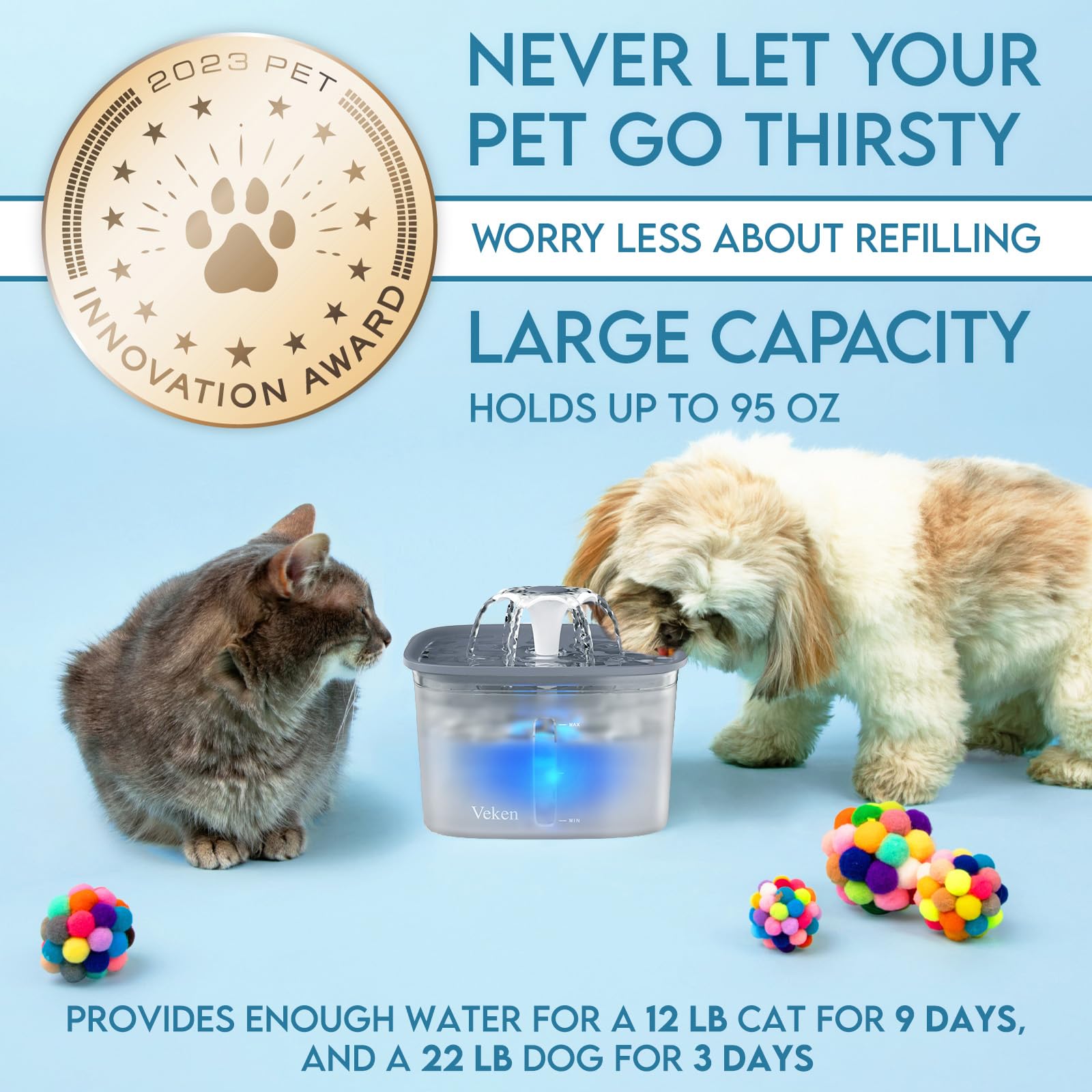 Veken Innovation Award Winner 95oz/2.8L Pet Fountain, Automatic Cat Water Fountain Dog Water Dispenser with Replacement Filters for Cats, Dogs, Multiple Pets (Grey, Plastic)