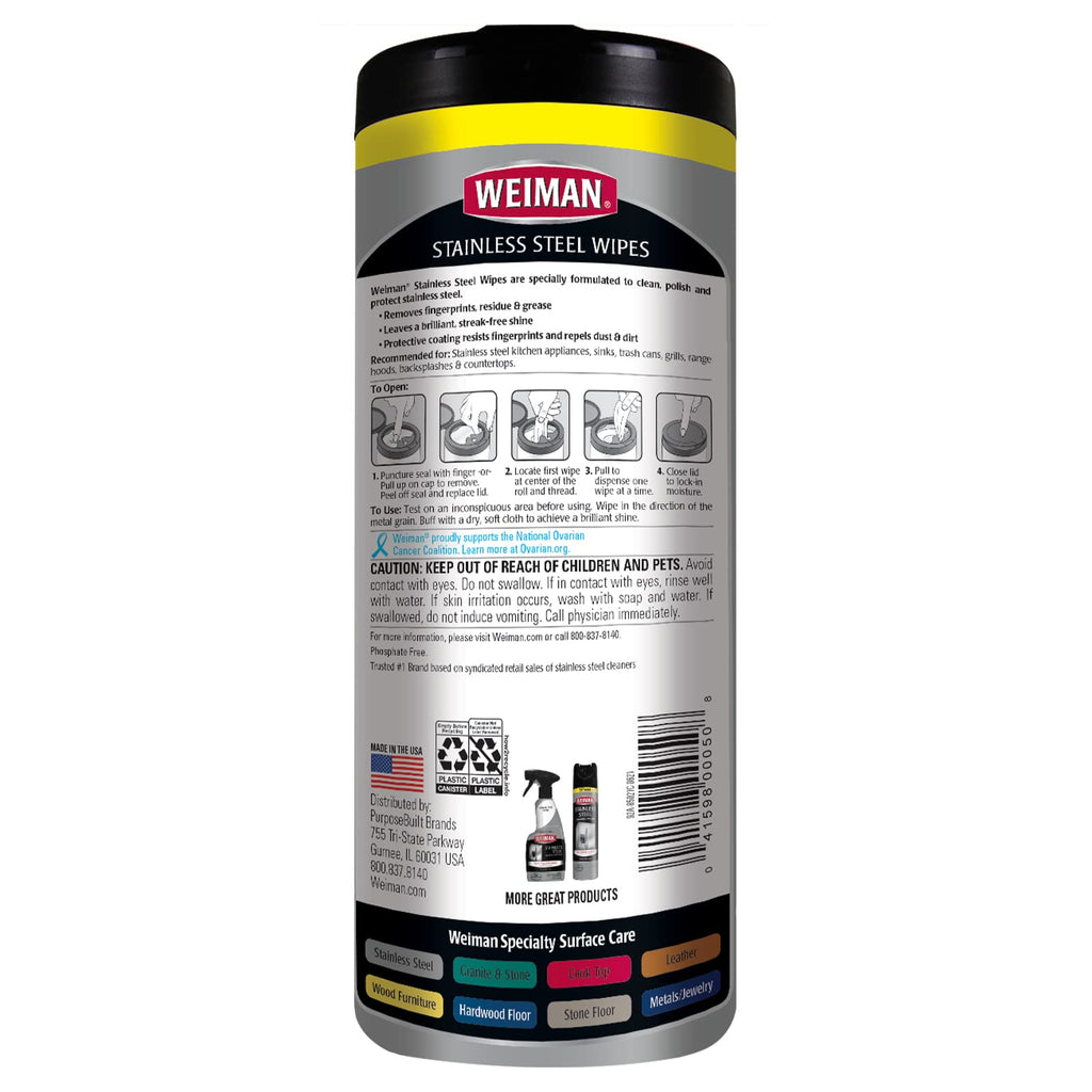Weiman Stainless Steel Cleaner and Polish Wipes, 30 Count