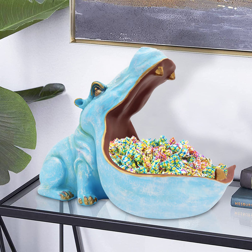aboxoo Hippo Statue,Large Hippopotamus Figurine Home Sculpture with Resin, Hippo Candy Jar, Candy Dish Bowl for Office Desk, Key Bowl for Entryway Table,Container Storage Art Decor Box(Dark Blue)