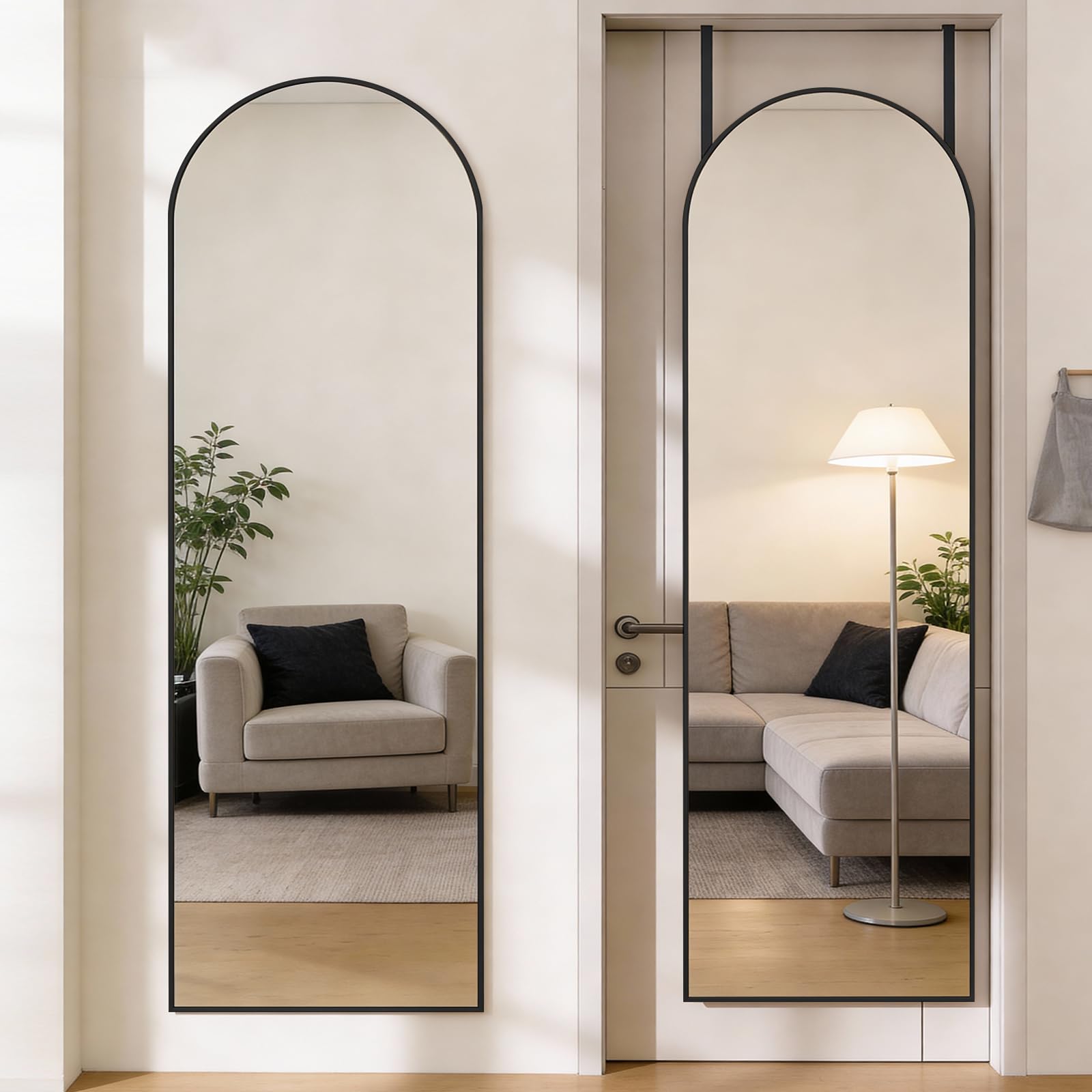 DUMOS Arched Full Length Mirror with Stand 64"x21" Floor Standing Aluminum Frame for Bedroom Body Hanging Leaning Modern Simple Home Decor Shatter-proorf Nano Glass Wall Living Room Cloakroom Black