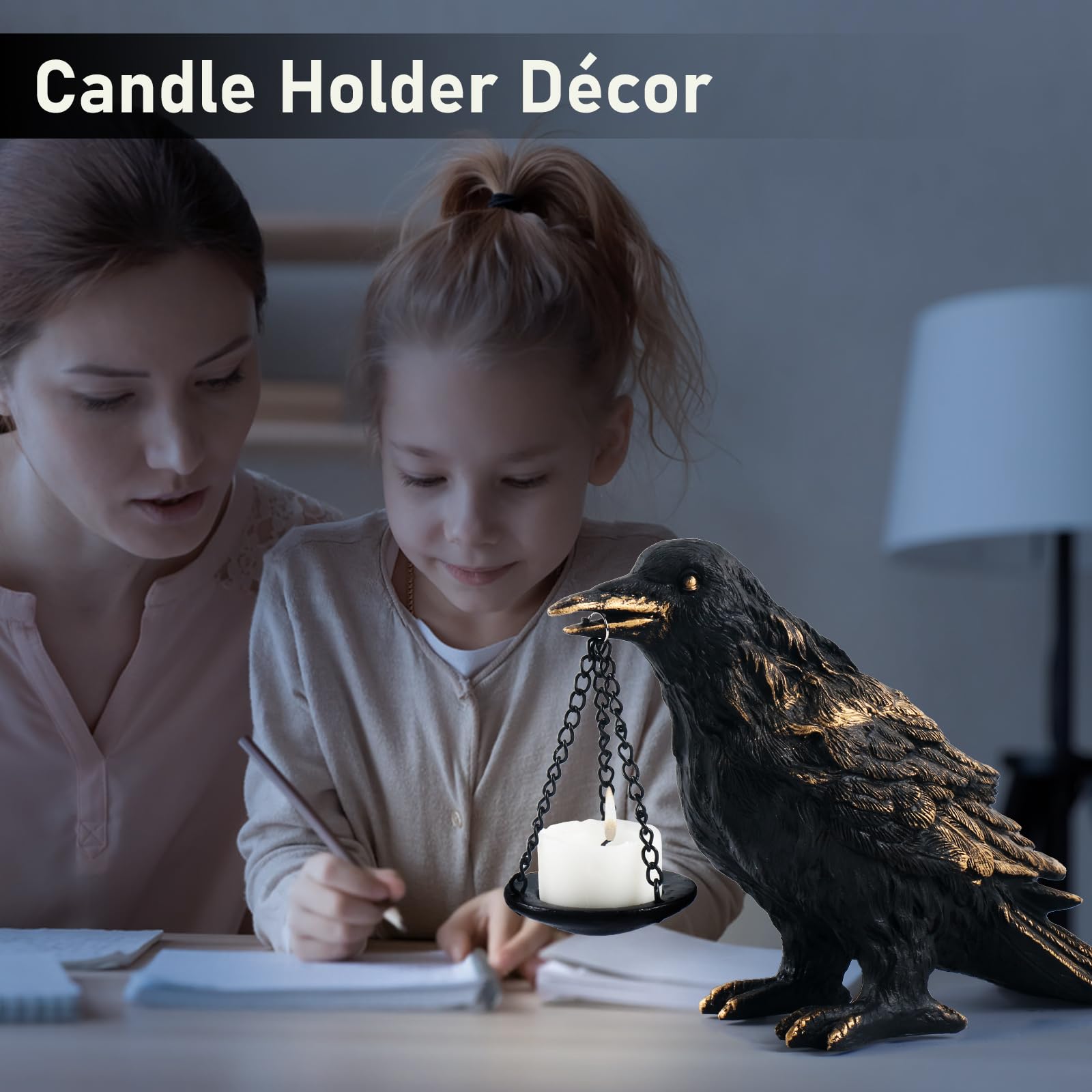 Gothic Crow Lamp with Tealight Candle Holder Resin Raven Decor Statue Gothic Home Decor for Bedroom Unique Goth Gifts Black