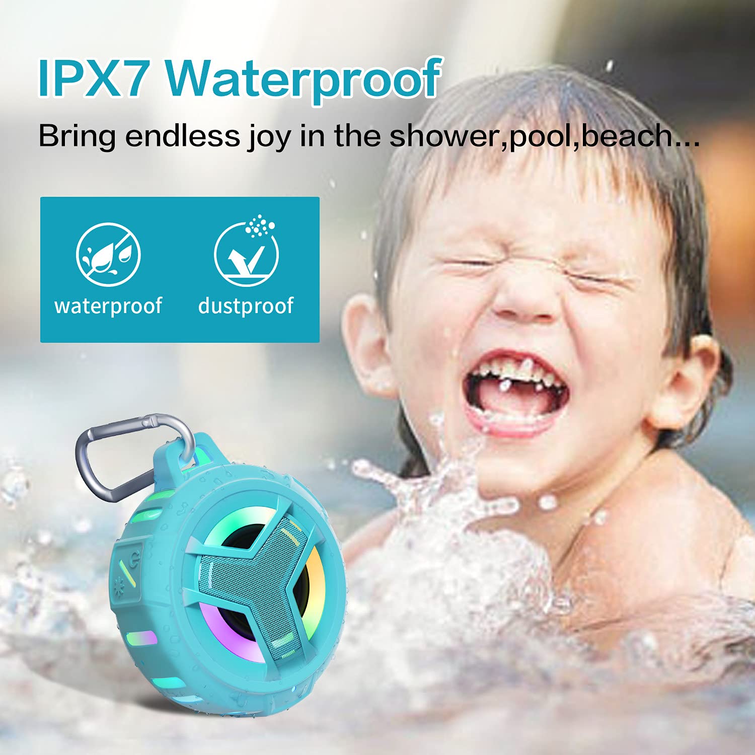 EBODA Bluetooth Shower Speaker, Portable Bluetooth Speakers, IP67 Waterproof Wireless Speaker with LED Light, Floating, 2000mAh, True Wireless Stereo for Kayak, Beach, Gifts for unisex -Black