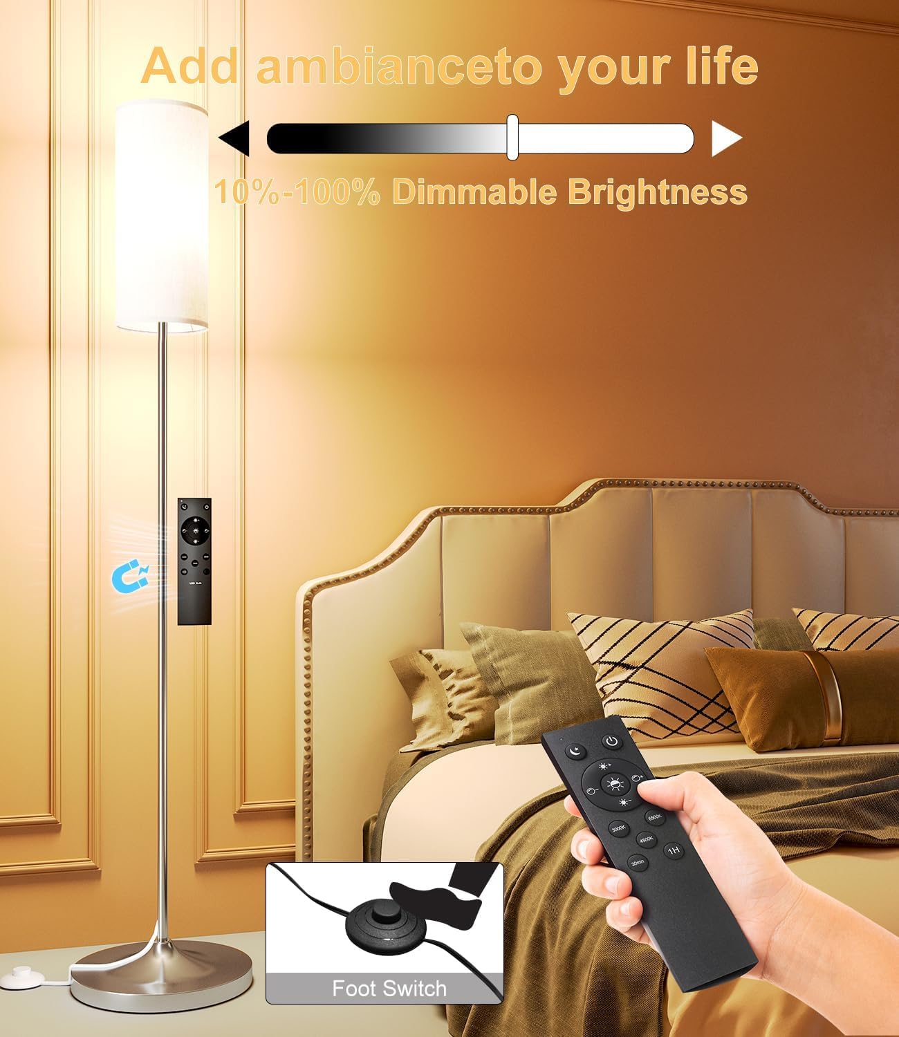 luckystyle Dimmable Floor Standing Tall Lamp, 12W Led Bulb with Lampshade, Foot Switch, Remote Custom Color Temperature Pole for Bedroom, Office, Kids & Living Room, Black