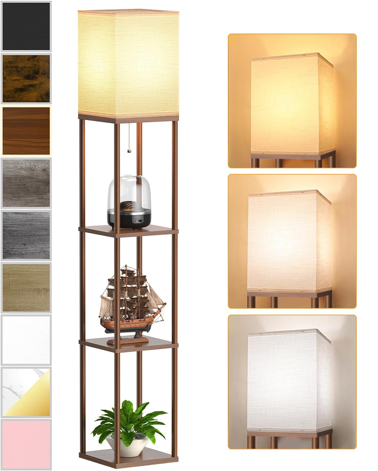 Floor Lamp with Shelves for Living Room, Shelf Floor Lamp with 3 CCT LED Bulb, Corner Display Standing Column Lamp Etagere Organizer Tower Nightstand with White Linen Shade for Bedroom, Office