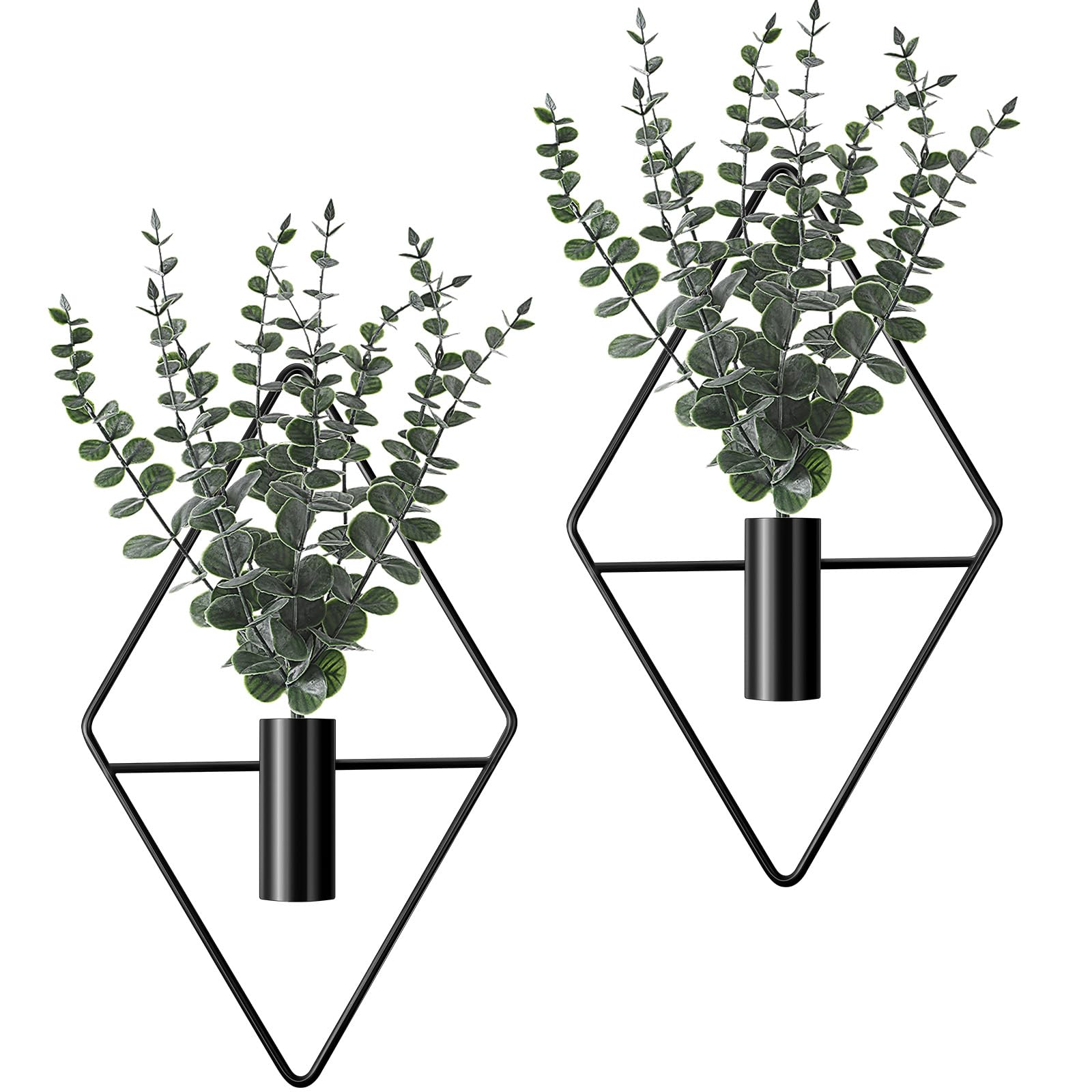 Jexine 4 Pcs Hanging Planters with Artificial Eucalyptus Metal Hanging Vase Indoor Plants Holder Modern Geometric Boho Bathroom Wall Decor for Living Room Home Office(Black)