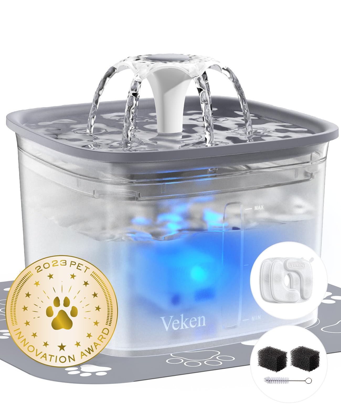 Veken Innovation Award Winner 95oz/2.8L Pet Fountain, Automatic Cat Water Fountain Dog Water Dispenser with Replacement Filters for Cats, Dogs, Multiple Pets (Grey, Plastic)