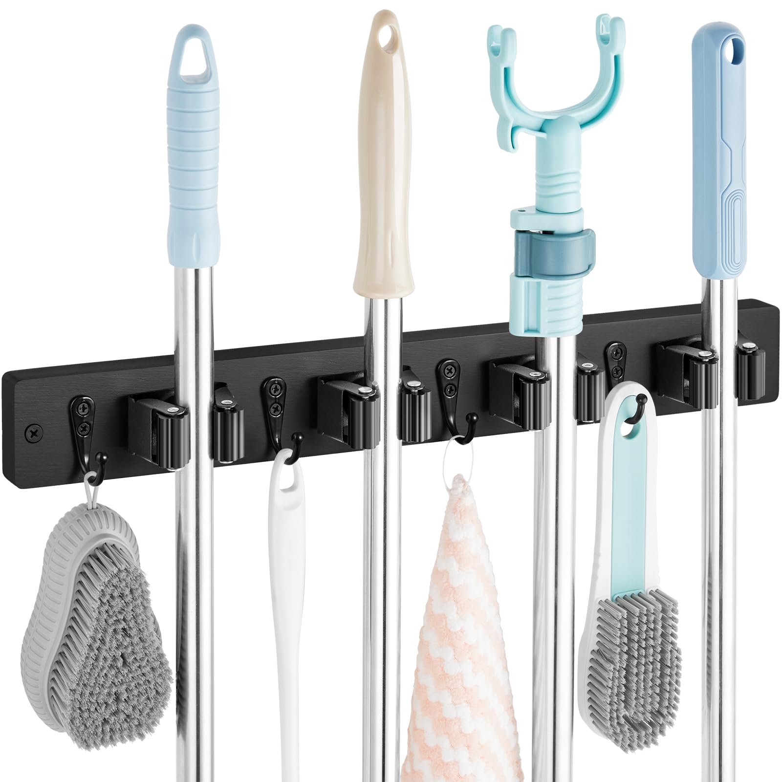 Mop and Broom Holder Wall Mount - Rustic Wood Broom Mop Hanger - Wall Mounted Garden Tool Rack Organizer for Closet Garage Laundry Room Kitchen Decor With 4 Slots & 4 Hooks
