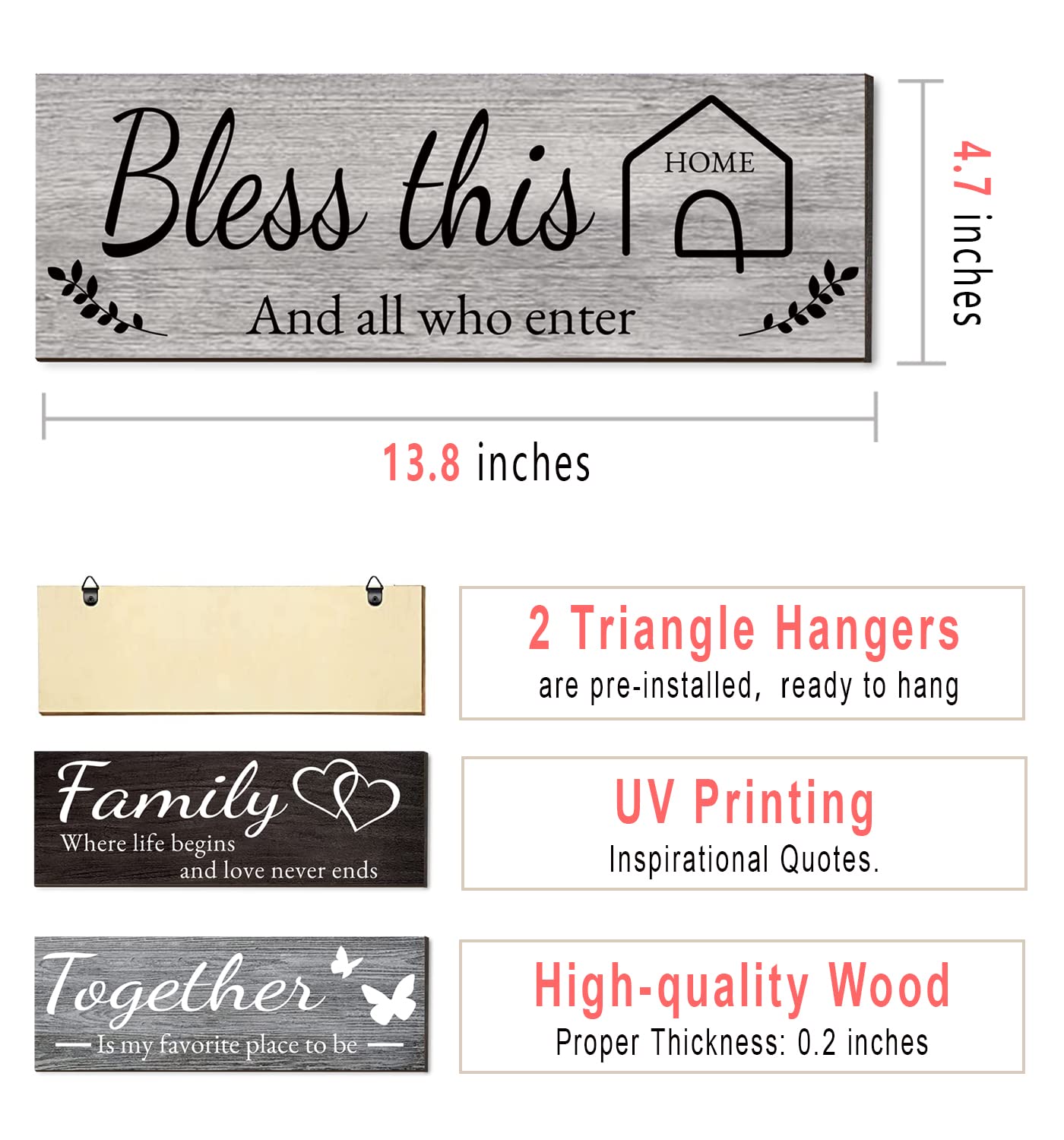 4 Pieces Home Wall Signs, THIS IS US/TOGETHER/BLESS THIS HOME/FAMILY Wall Decor For Living Room Bedroom, Rustic Wooden Farmhouse Wall Art , 4.7 x 13.8 Inch(Brown)