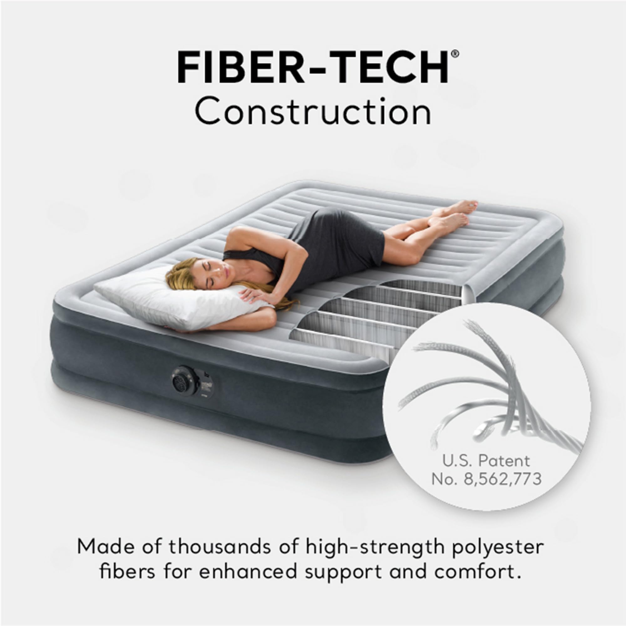 Intex 67765ED Dura-Beam Deluxe Comfort-Plush Mid-Rise Air Mattress : Fiber-Tech – Twin Size – Built-in Electric Pump – 13in Bed Height – 300lb Weight Capacity