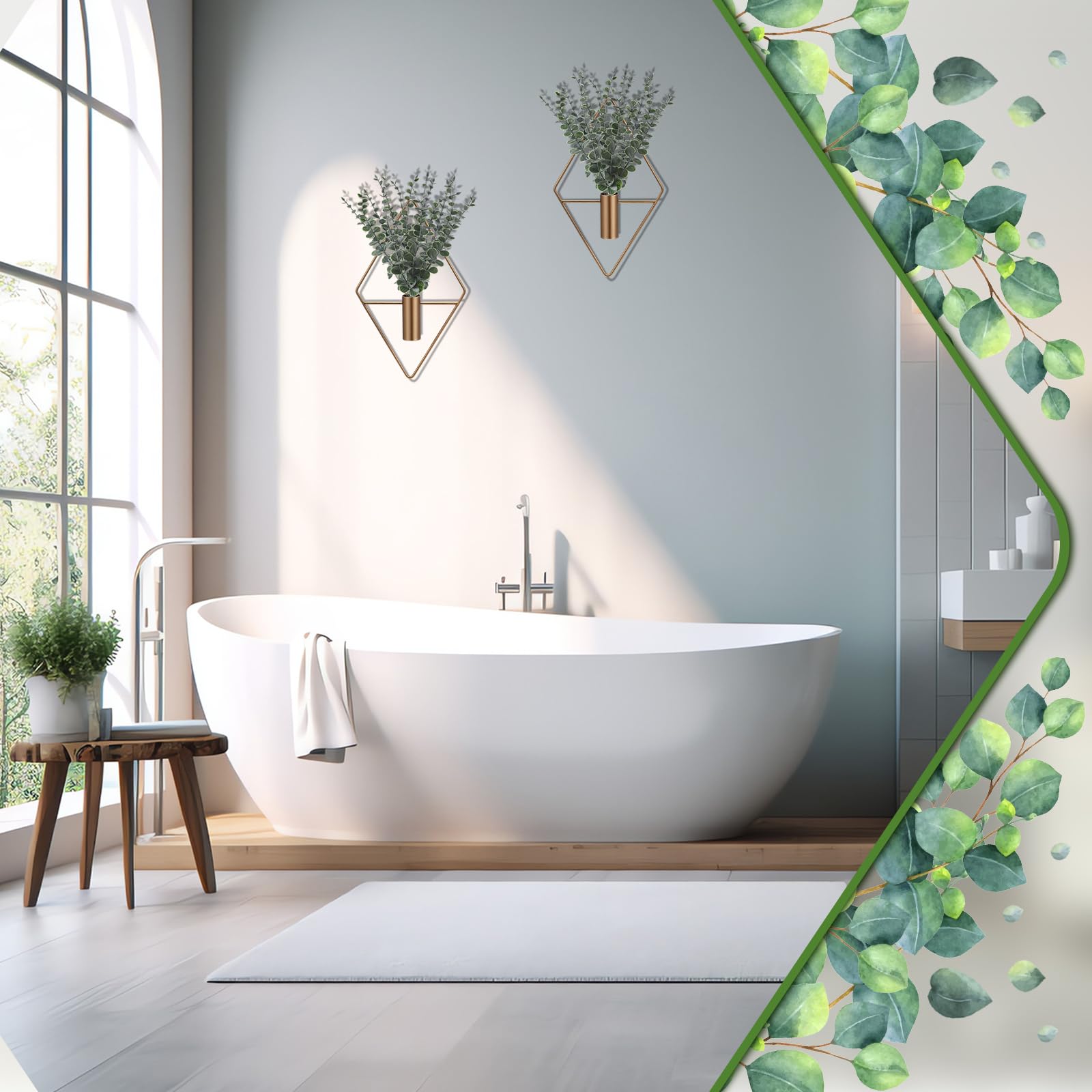 Jexine 4 Pcs Hanging Planters with Artificial Eucalyptus Metal Hanging Vase Indoor Plants Holder Modern Geometric Boho Bathroom Wall Decor for Living Room Home Office(Black)