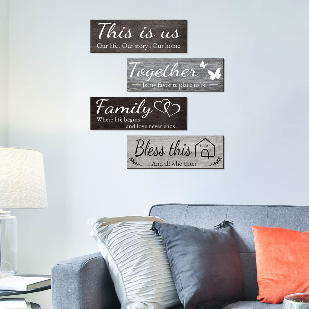 4 Pieces Home Wall Signs, THIS IS US/TOGETHER/BLESS THIS HOME/FAMILY Wall Decor For Living Room Bedroom, Rustic Wooden Farmhouse Wall Art , 4.7 x 13.8 Inch(Brown)