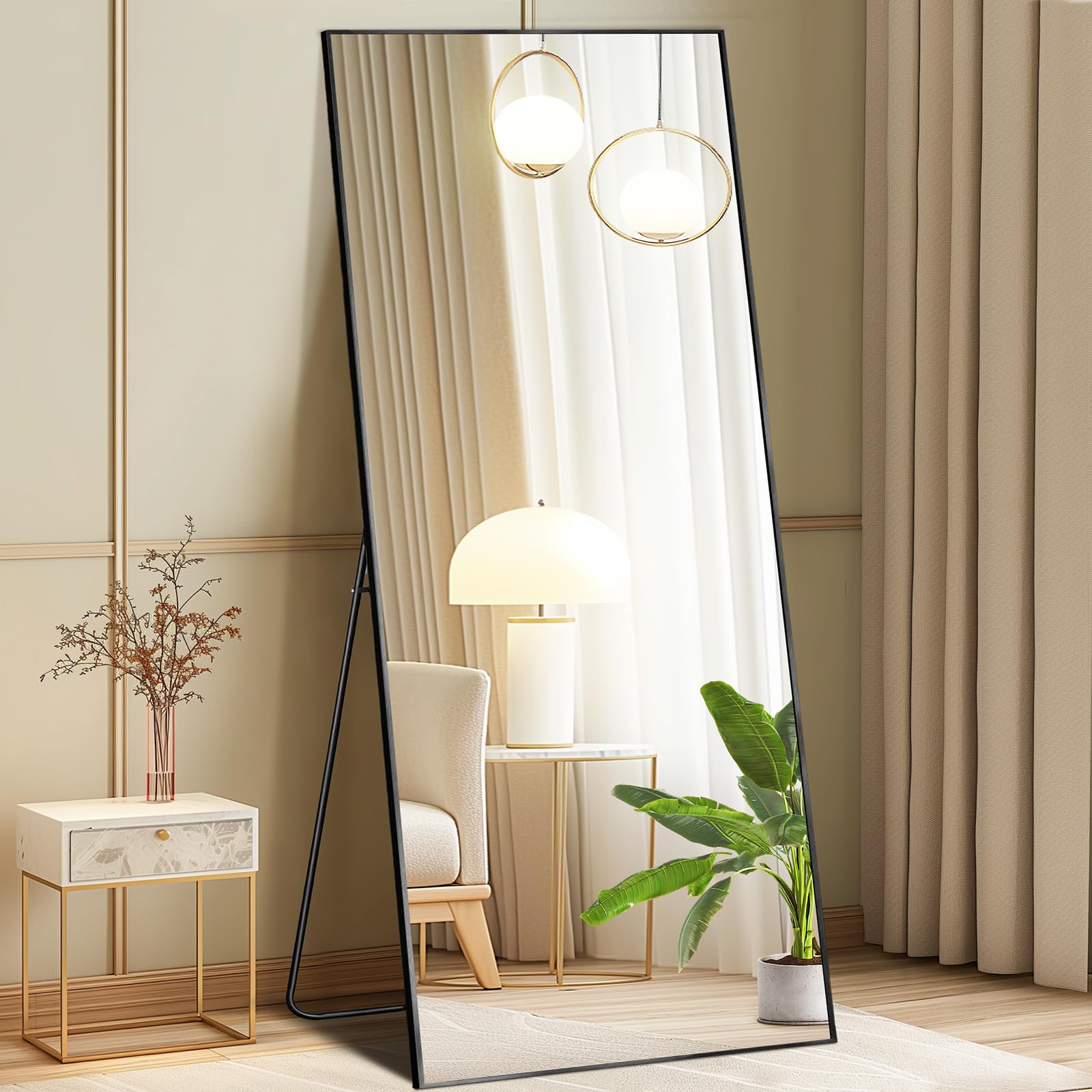 DUMOS Arched Full Length Mirror with Stand 64"x21" Floor Standing Aluminum Frame for Bedroom Body Hanging Leaning Modern Simple Home Decor Shatter-proorf Nano Glass Wall Living Room Cloakroom Black