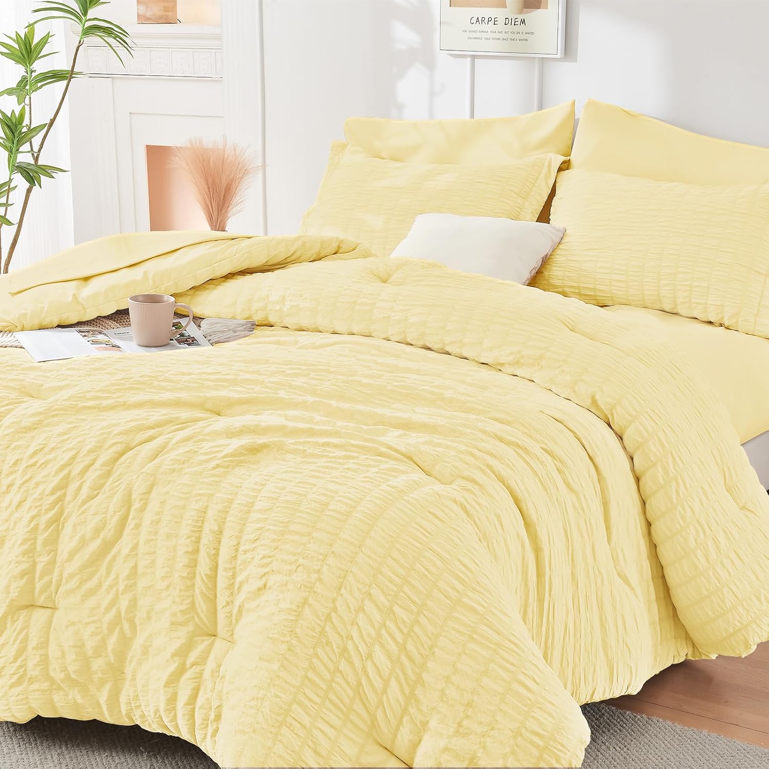 HYMOKEGE Queen Comforter Set Seersucker 7 Pieces, All Season Luxury Bed in a Bag for Bedroom, Bedding Set with Comforters, Sheets, Pillowcases & Shams, Dark Grey