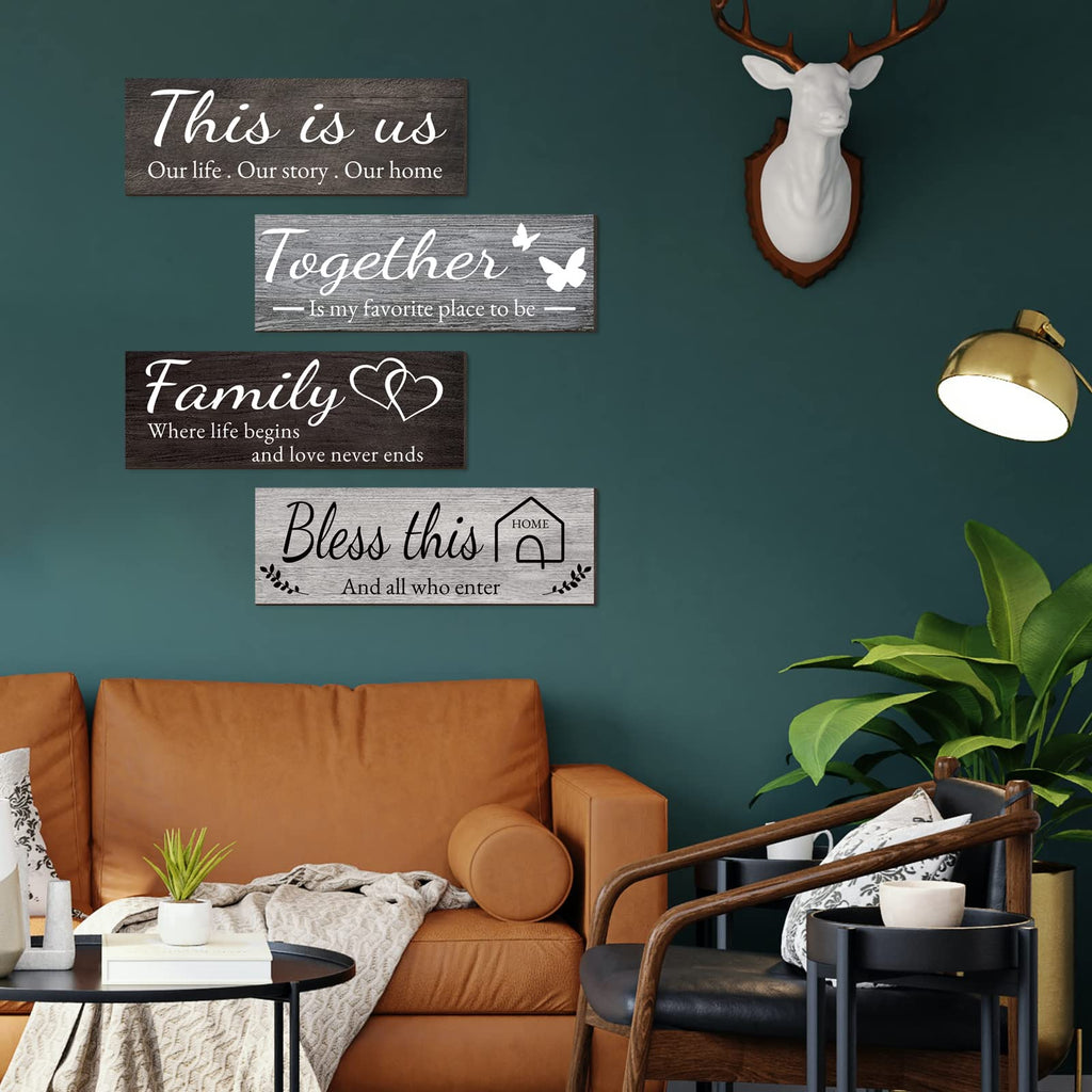 4 Pieces Home Wall Signs, THIS IS US/TOGETHER/BLESS THIS HOME/FAMILY Wall Decor For Living Room Bedroom, Rustic Wooden Farmhouse Wall Art , 4.7 x 13.8 Inch(Brown)