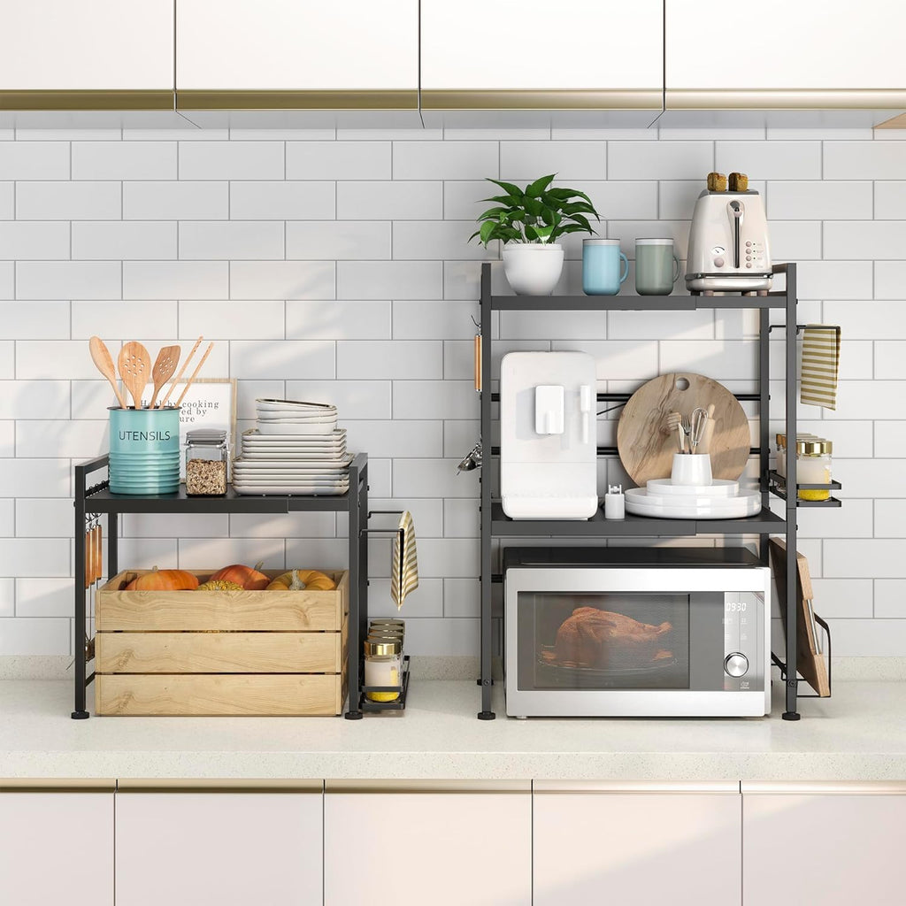 DOLALIKE Microwave Oven Rack, Expandable Microwave Stand Countertop Kitchen Utensils Tableware Storage, Carbon Steel Over Microwave Shelf Countertop with 3 Hooks