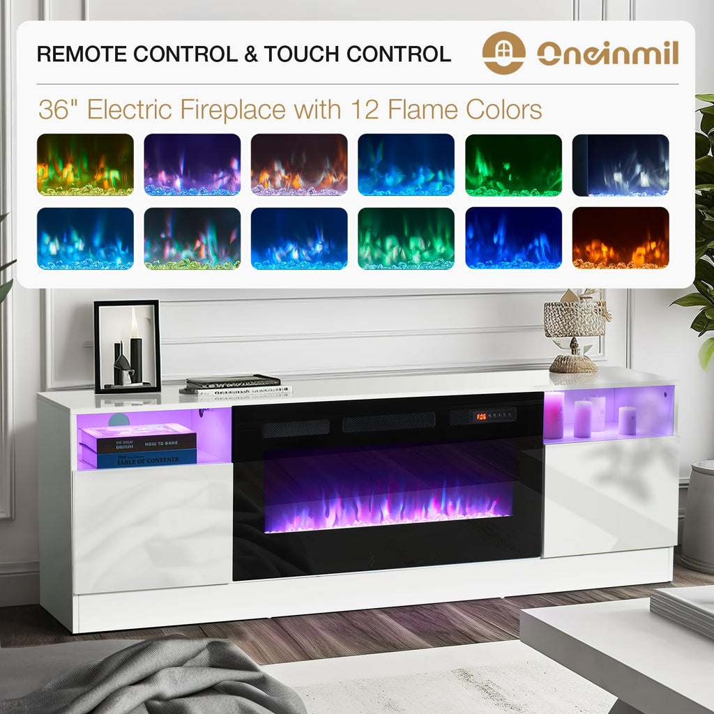oneinmil Fireplace TV Stand with 36" Electric Fireplace, LED Light Entertainment Center, Modern Wood Texture Entertainment Stand with Highlight Storage Cabinet for TVs Up to 80", 70 inches, Black