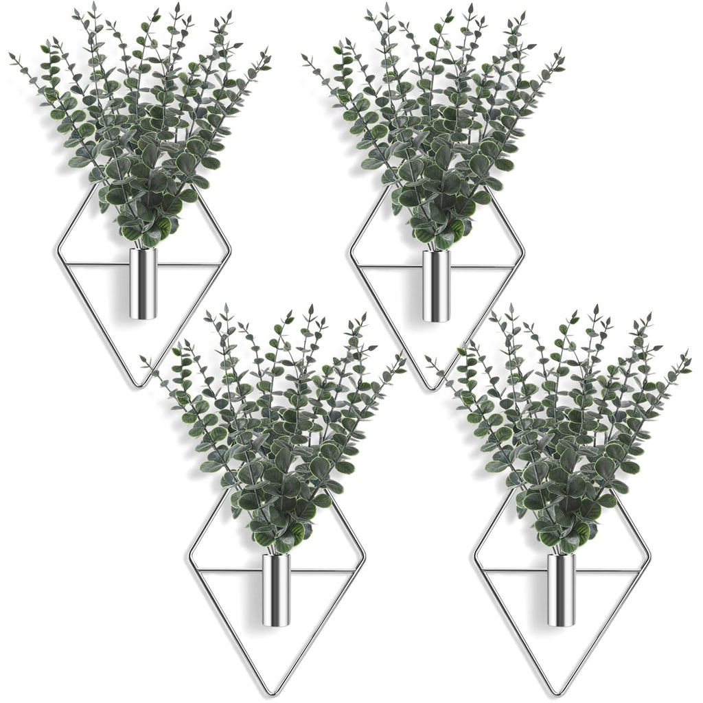 Jexine 4 Pcs Hanging Planters with Artificial Eucalyptus Metal Hanging Vase Indoor Plants Holder Modern Geometric Boho Bathroom Wall Decor for Living Room Home Office(Black)