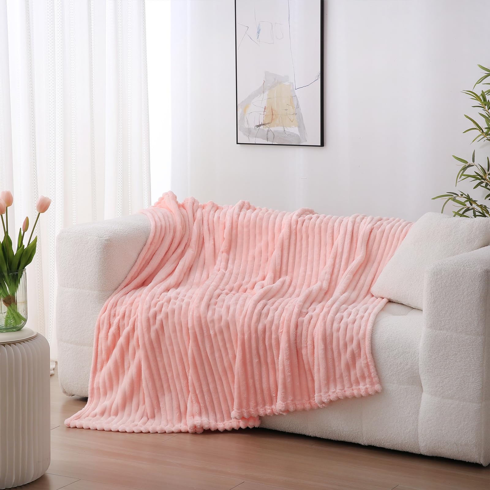 Sage Green Fleece Throw Blanket 50”×60” for Couch Sofa Bed,Super Soft Cozy Plush Microfiber Flannel Blanket with Stripes Design Lightweight for Adults,Woman,Girls