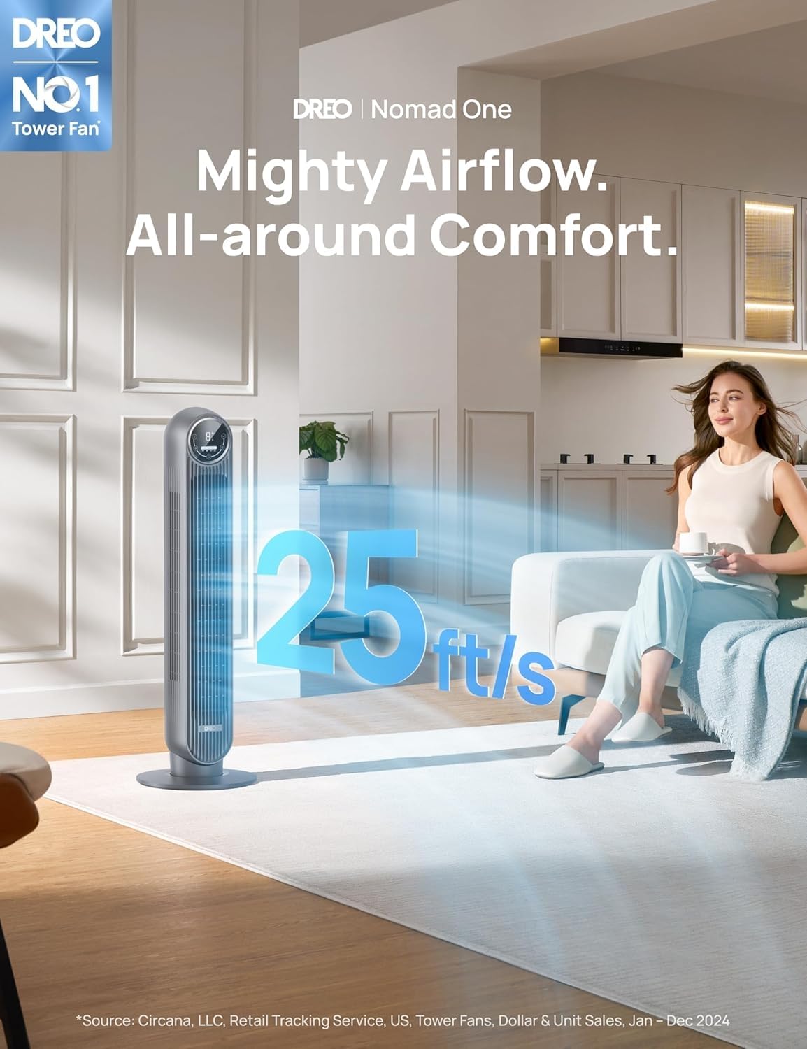 DREO Tower Fan for Bedroom, 2026 Upgraded DC Motor, 28ft/s High Velocity, 20dB Ultra Quiet Standing Fan, 8 Speeds 4 Modes, 90° Oscillating Bladeless Fan for Indoors, Floor Fans with Remote, Black