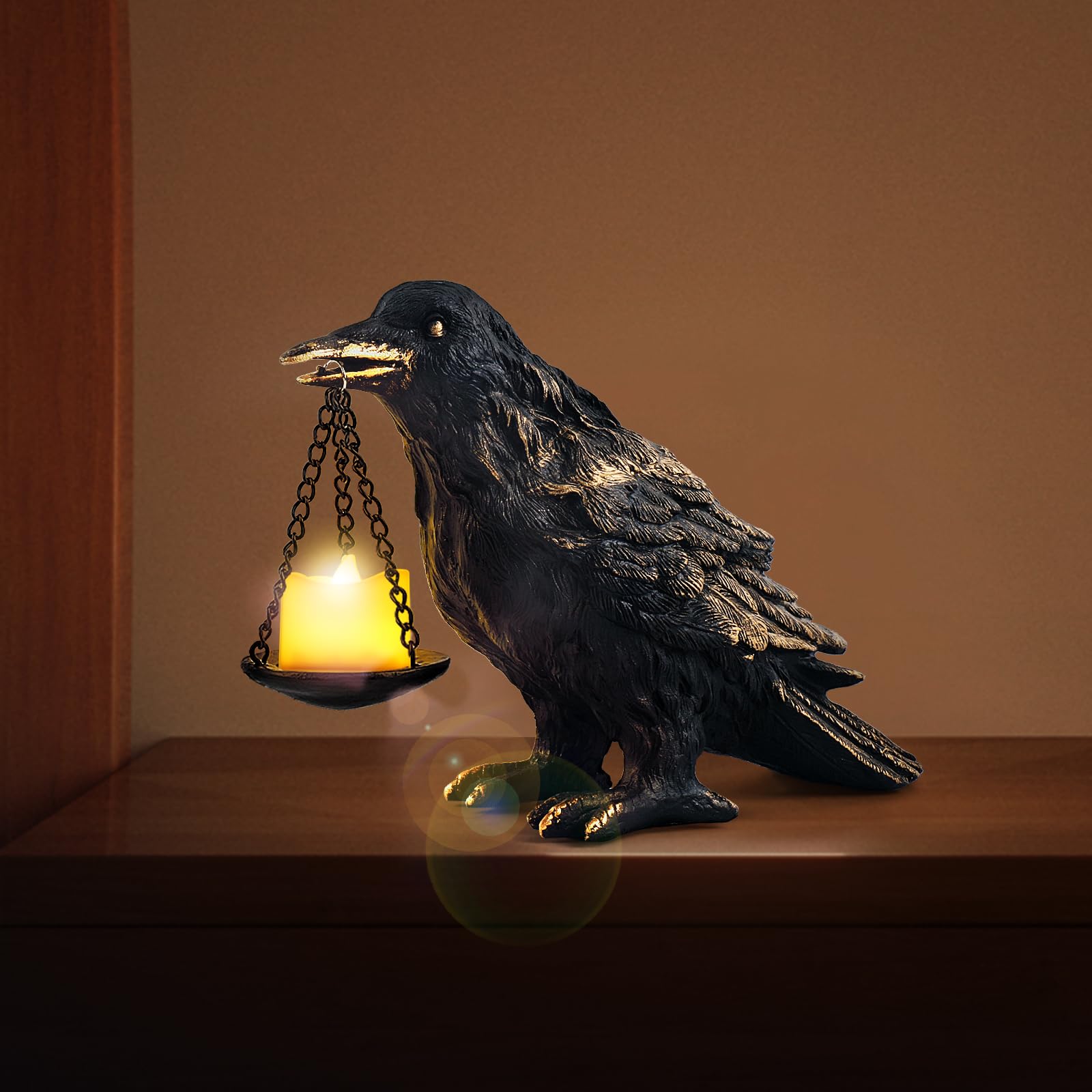 Gothic Crow Lamp with Tealight Candle Holder Resin Raven Decor Statue Gothic Home Decor for Bedroom Unique Goth Gifts Black