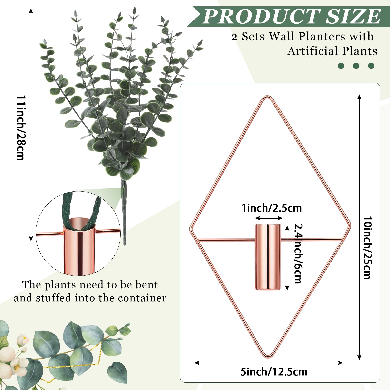 Jexine 4 Pcs Hanging Planters with Artificial Eucalyptus Metal Hanging Vase Indoor Plants Holder Modern Geometric Boho Bathroom Wall Decor for Living Room Home Office(Black)