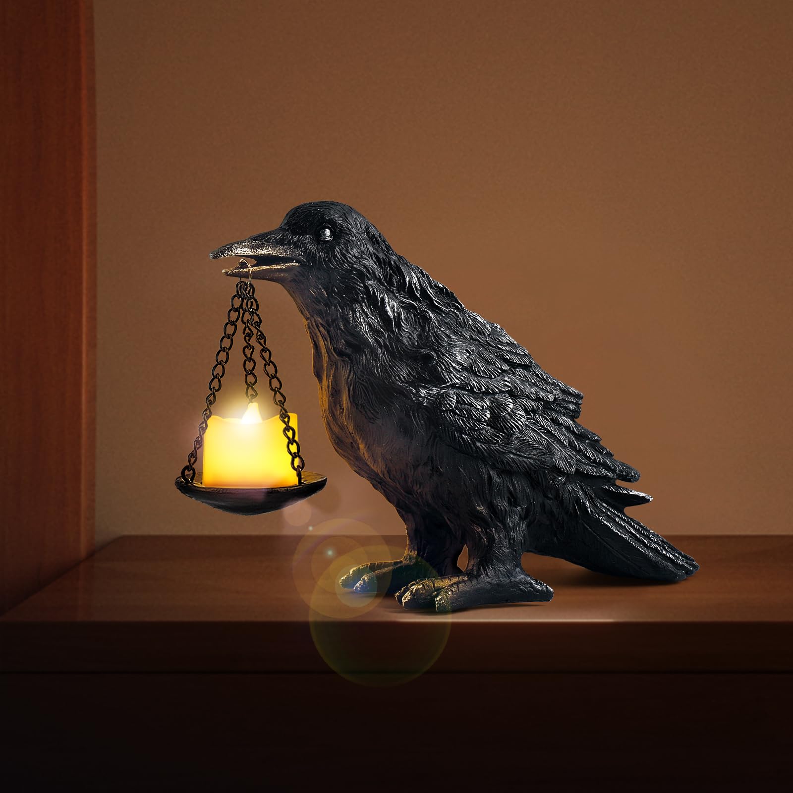Gothic Crow Lamp with Tealight Candle Holder Resin Raven Decor Statue Gothic Home Decor for Bedroom Unique Goth Gifts Black
