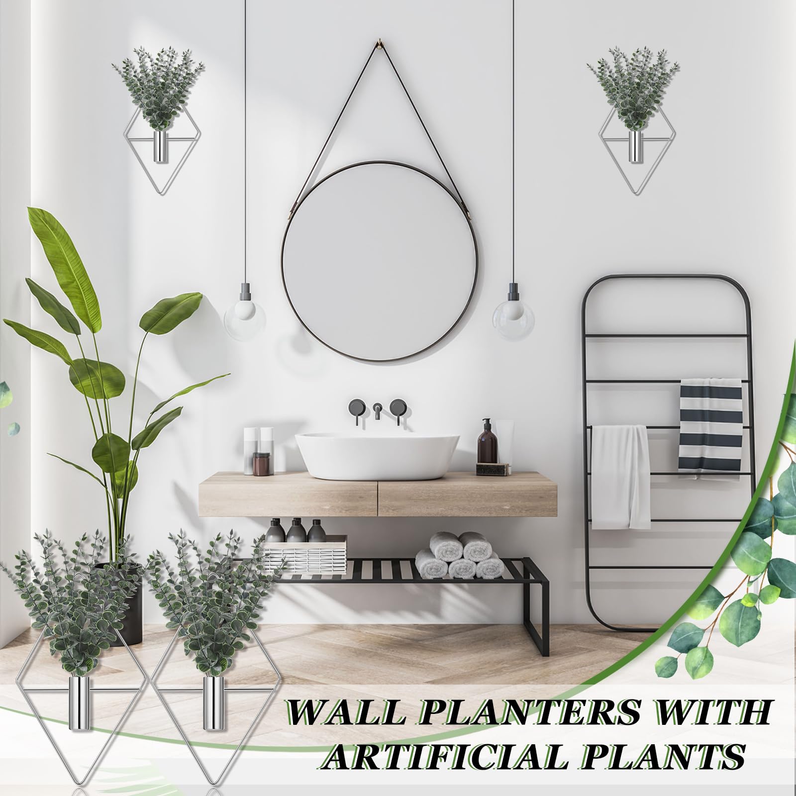 Jexine 4 Pcs Hanging Planters with Artificial Eucalyptus Metal Hanging Vase Indoor Plants Holder Modern Geometric Boho Bathroom Wall Decor for Living Room Home Office(Black)