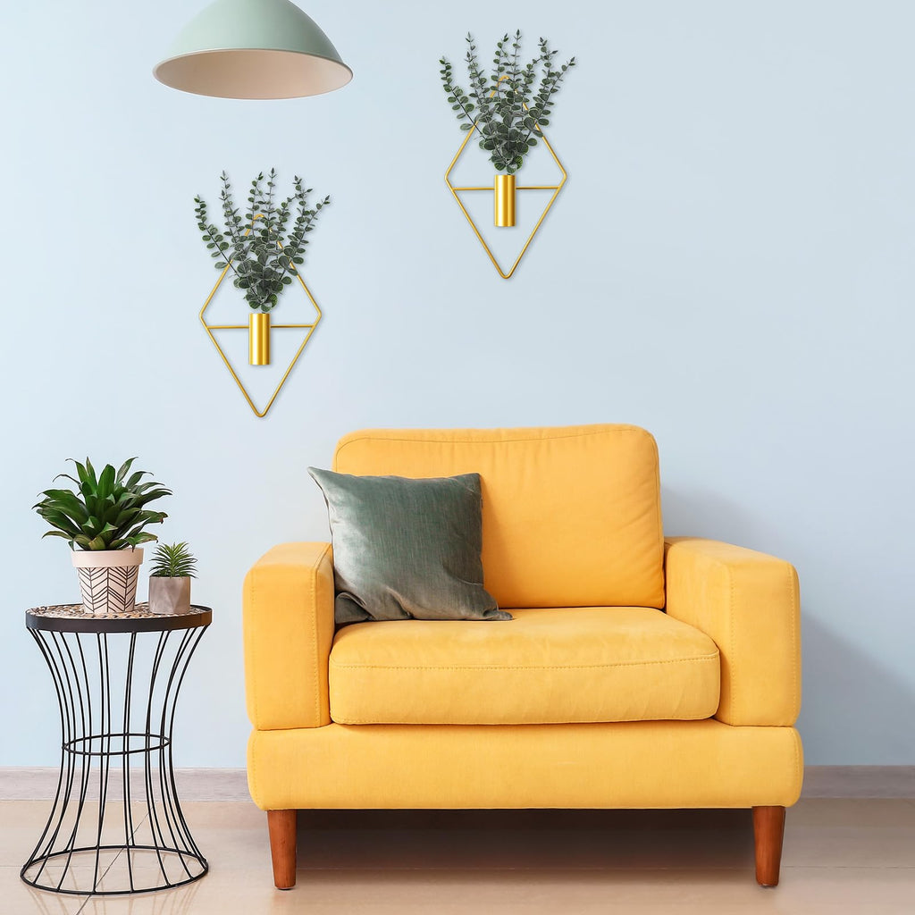 Jexine 4 Pcs Hanging Planters with Artificial Eucalyptus Metal Hanging Vase Indoor Plants Holder Modern Geometric Boho Bathroom Wall Decor for Living Room Home Office(Black)
