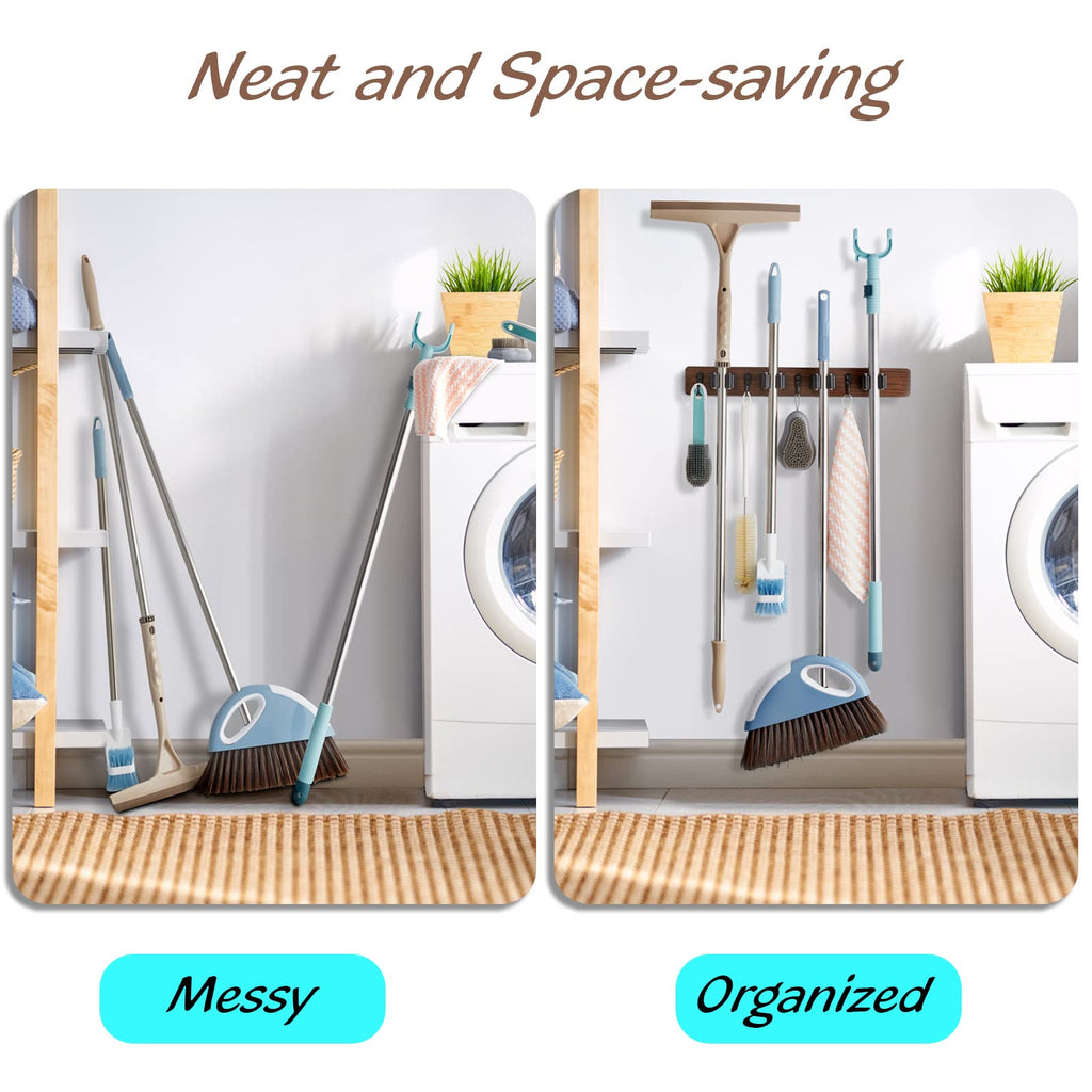 Mop and Broom Holder Wall Mount - Rustic Wood Broom Mop Hanger - Wall Mounted Garden Tool Rack Organizer for Closet Garage Laundry Room Kitchen Decor With 4 Slots & 4 Hooks