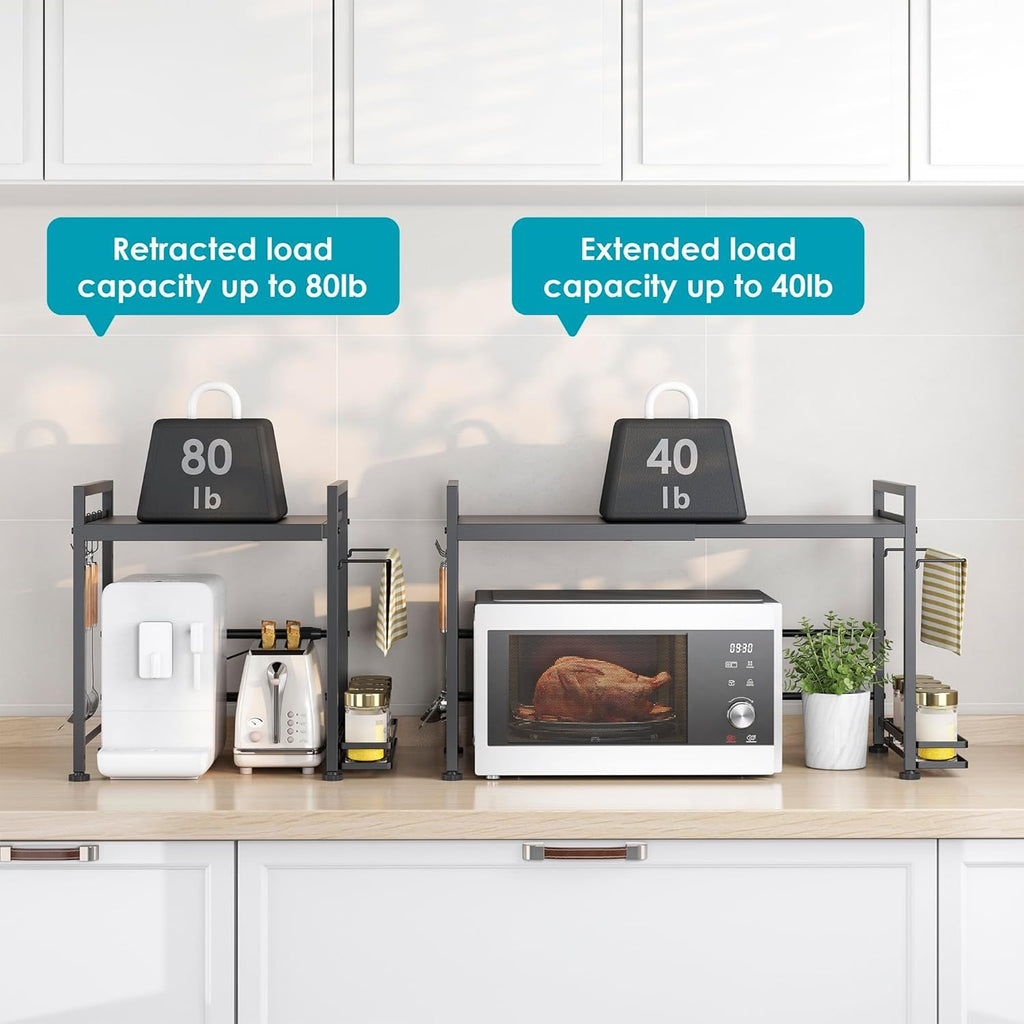 DOLALIKE Microwave Oven Rack, Expandable Microwave Stand Countertop Kitchen Utensils Tableware Storage, Carbon Steel Over Microwave Shelf Countertop with 3 Hooks