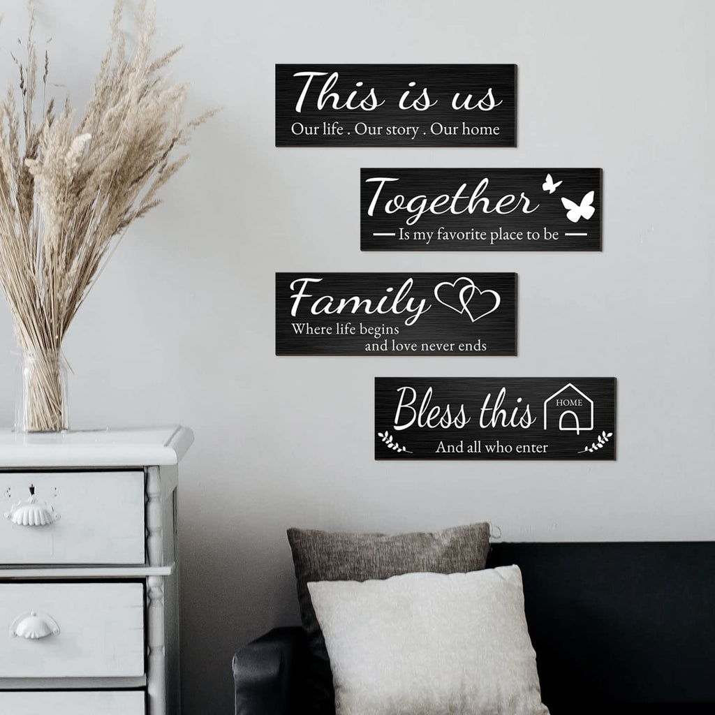 4 Pieces Home Wall Signs, THIS IS US/TOGETHER/BLESS THIS HOME/FAMILY Wall Decor For Living Room Bedroom, Rustic Wooden Farmhouse Wall Art , 4.7 x 13.8 Inch(Brown)