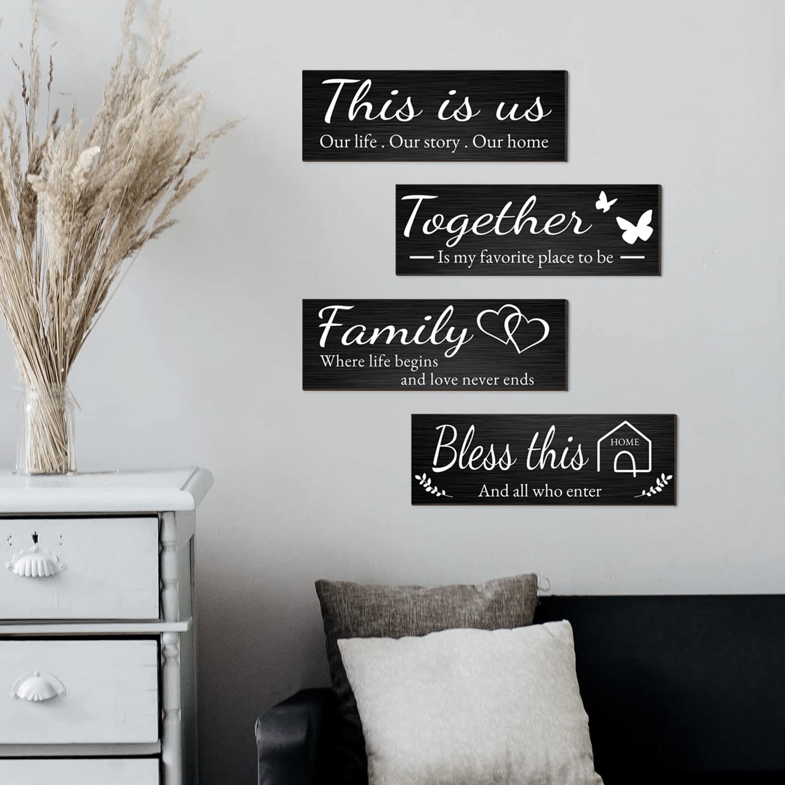 4 Pieces Home Wall Signs, THIS IS US/TOGETHER/BLESS THIS HOME/FAMILY Wall Decor For Living Room Bedroom, Rustic Wooden Farmhouse Wall Art , 4.7 x 13.8 Inch(Brown)