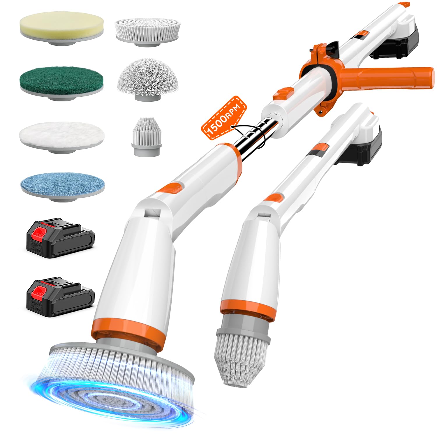 TUYU Electric Spin Scrubber, Full-Body IPX7 Waterproof Bathroom Scrubber with Power LCD Display, Adjustable Extension Handle, Cordless Shower Cleaner Brush for Bathtub Kitchen Wall Cleaning