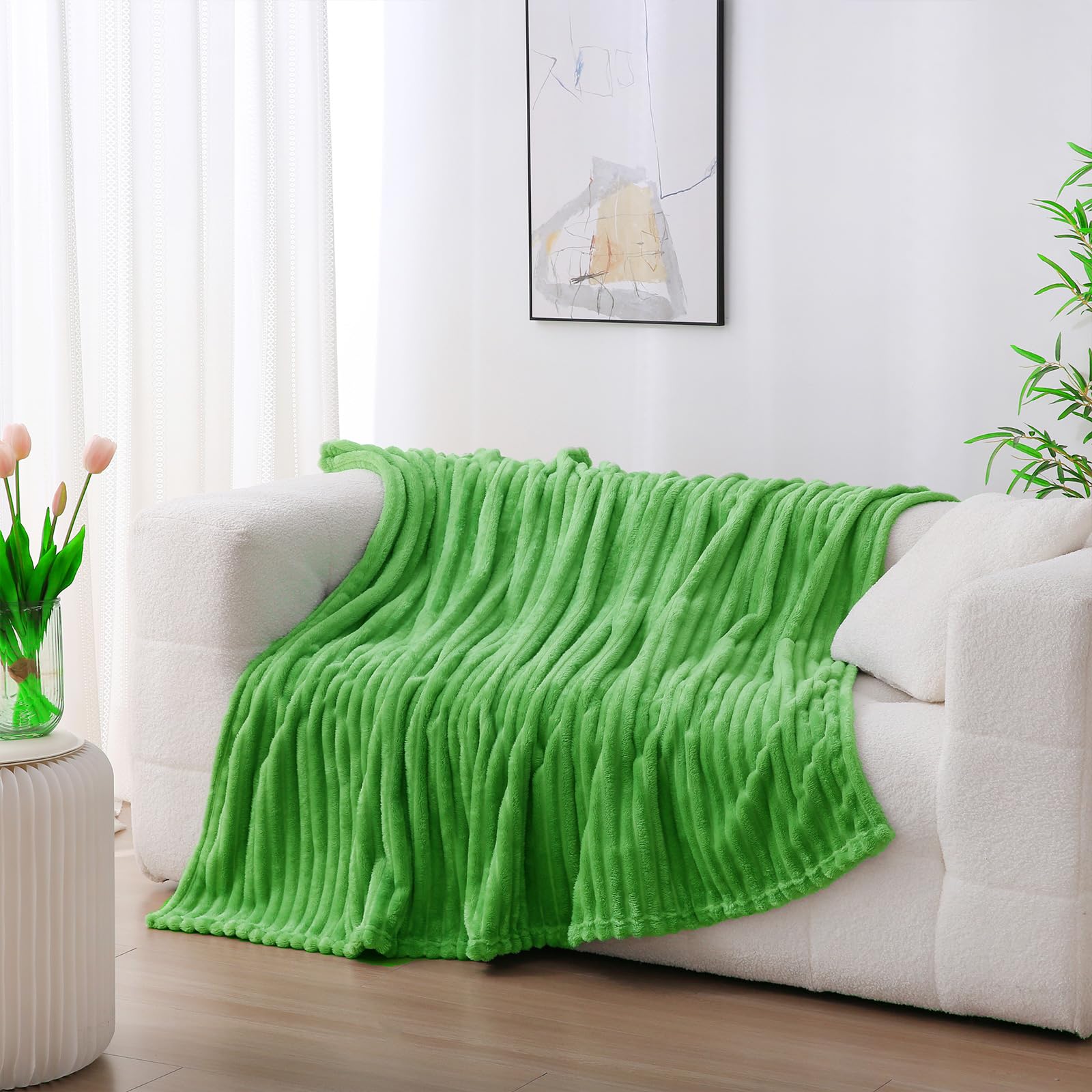 Sage Green Fleece Throw Blanket 50”×60” for Couch Sofa Bed,Super Soft Cozy Plush Microfiber Flannel Blanket with Stripes Design Lightweight for Adults,Woman,Girls