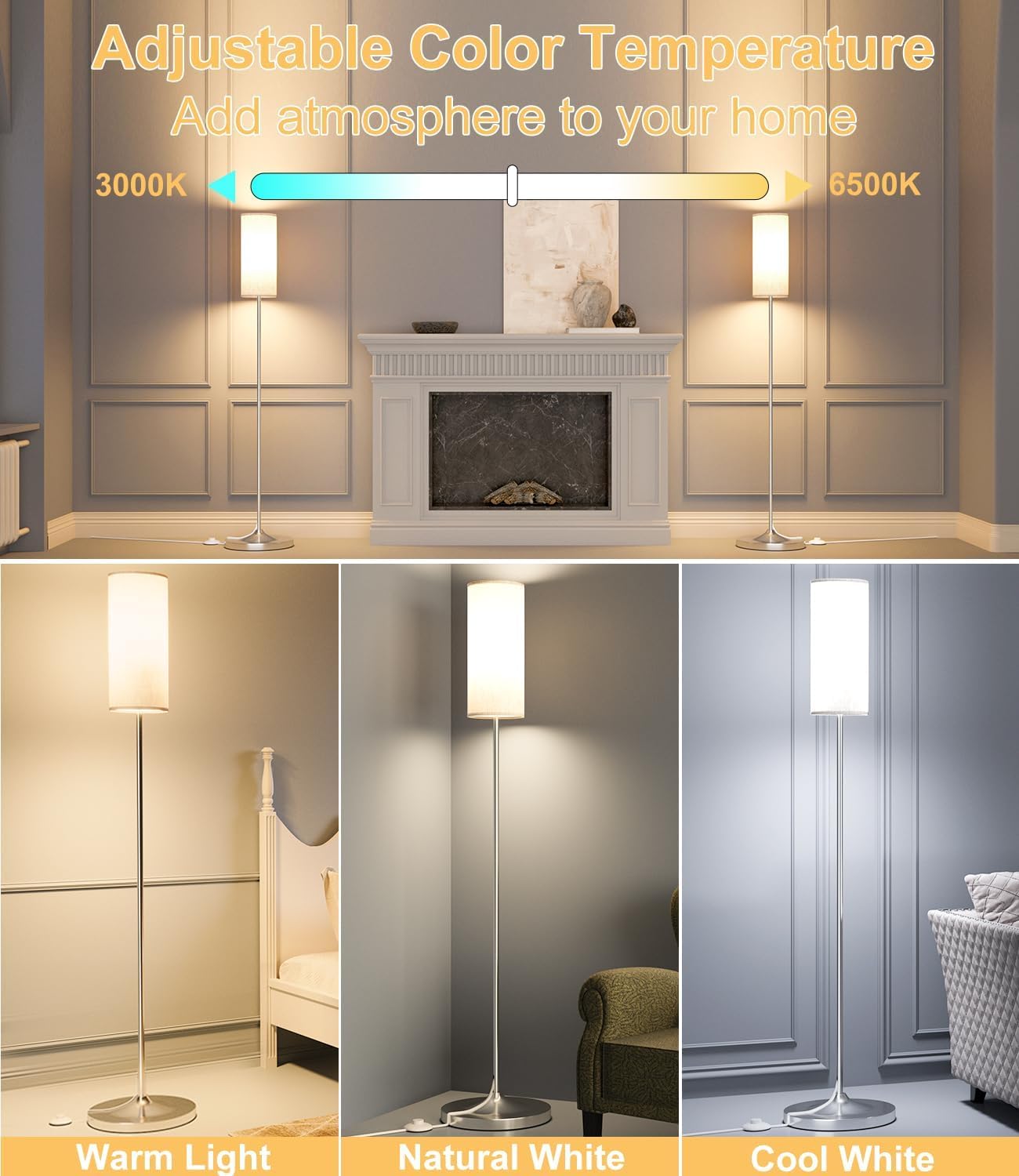 luckystyle Dimmable Floor Standing Tall Lamp, 12W Led Bulb with Lampshade, Foot Switch, Remote Custom Color Temperature Pole for Bedroom, Office, Kids & Living Room, Black