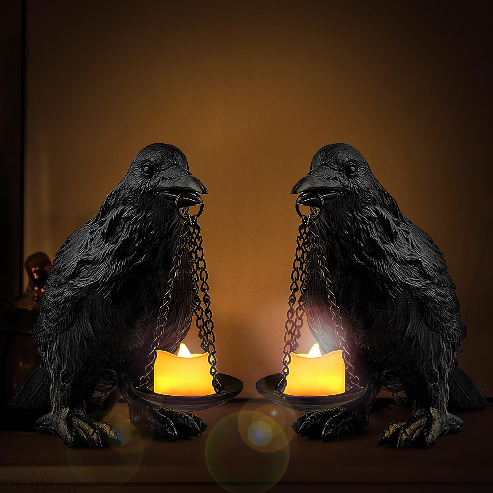 Gothic Crow Lamp with Tealight Candle Holder Resin Raven Decor Statue Gothic Home Decor for Bedroom Unique Goth Gifts Black
