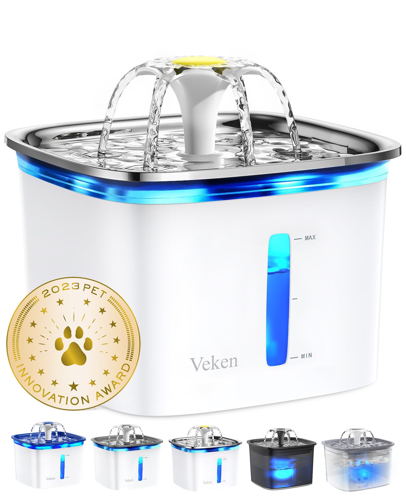 Veken Innovation Award Winner 95oz/2.8L Pet Fountain, Automatic Cat Water Fountain Dog Water Dispenser with Replacement Filters for Cats, Dogs, Multiple Pets (Grey, Plastic)